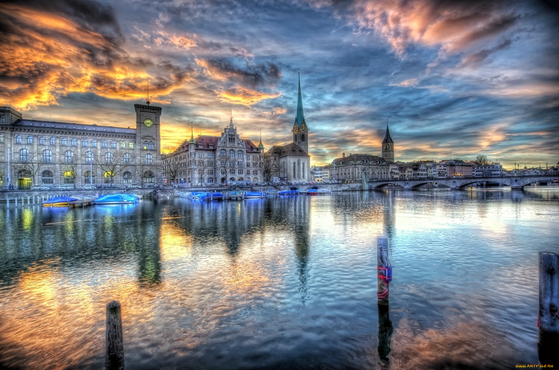 цюрих, швейцария, города, закат, тучи, вода, пристань, мост