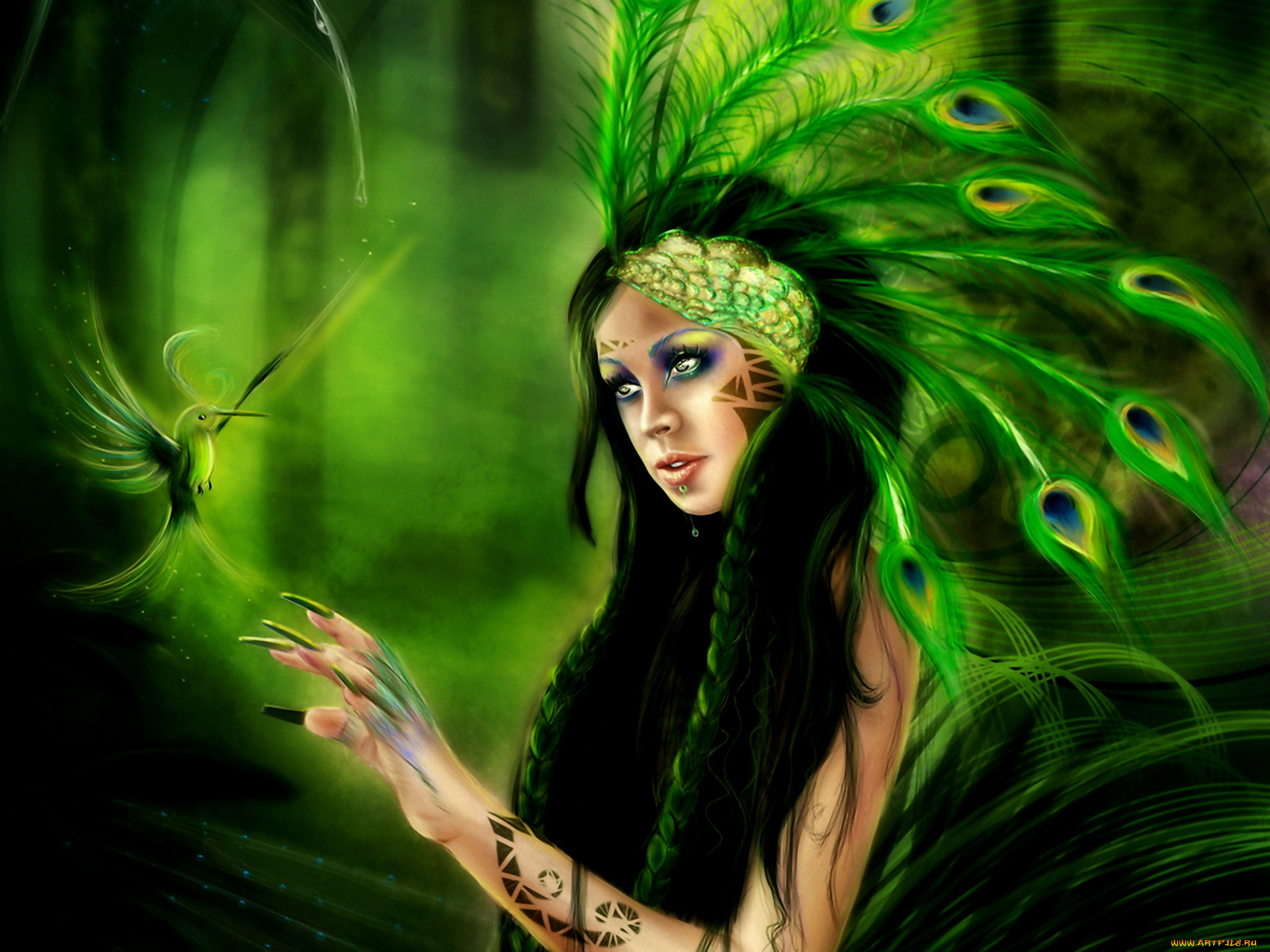 фэнтези, эльфы, павлиньи, перья, птица