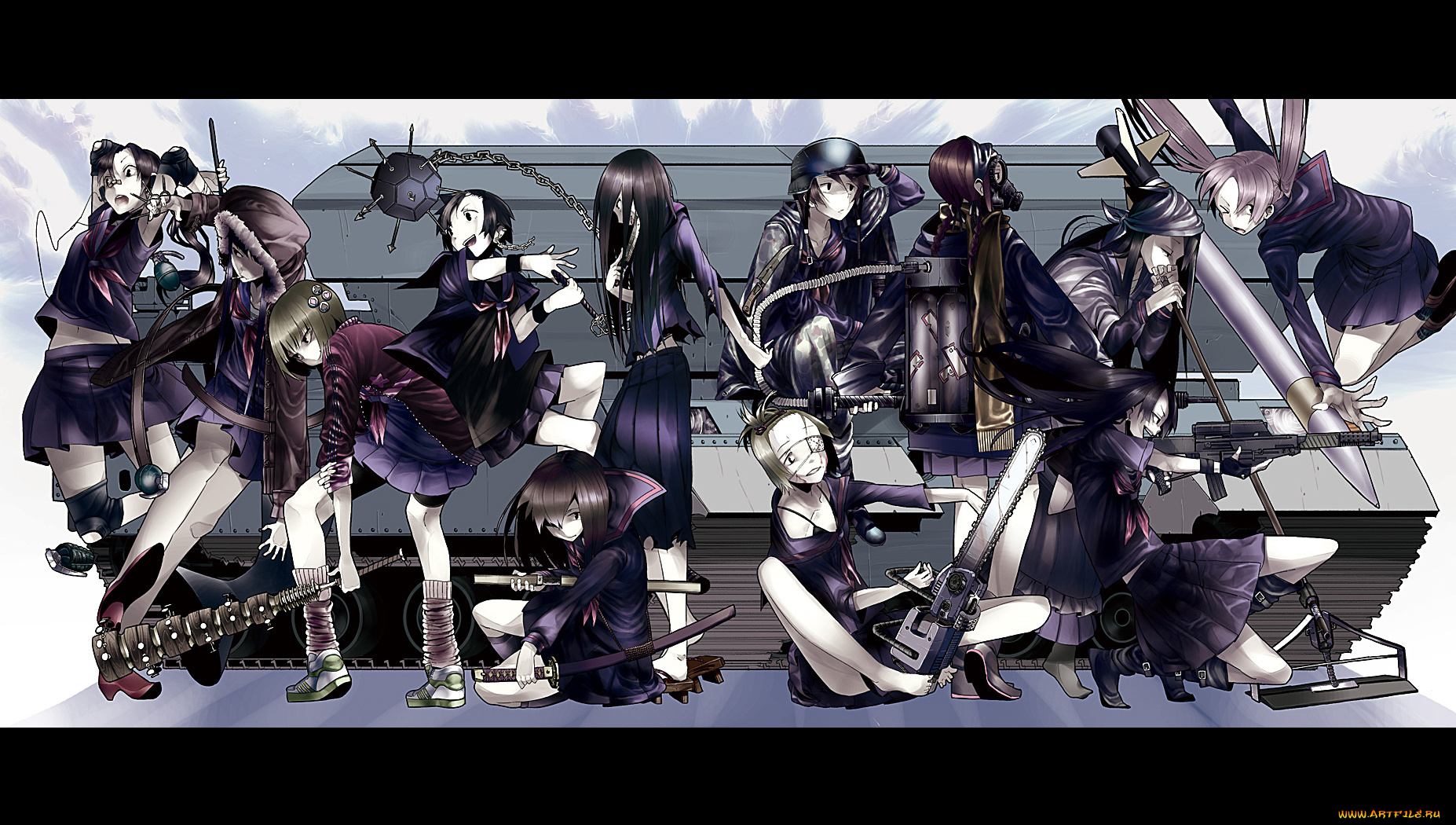 аниме, weapon, blood, technology, девушки, танк, оружие