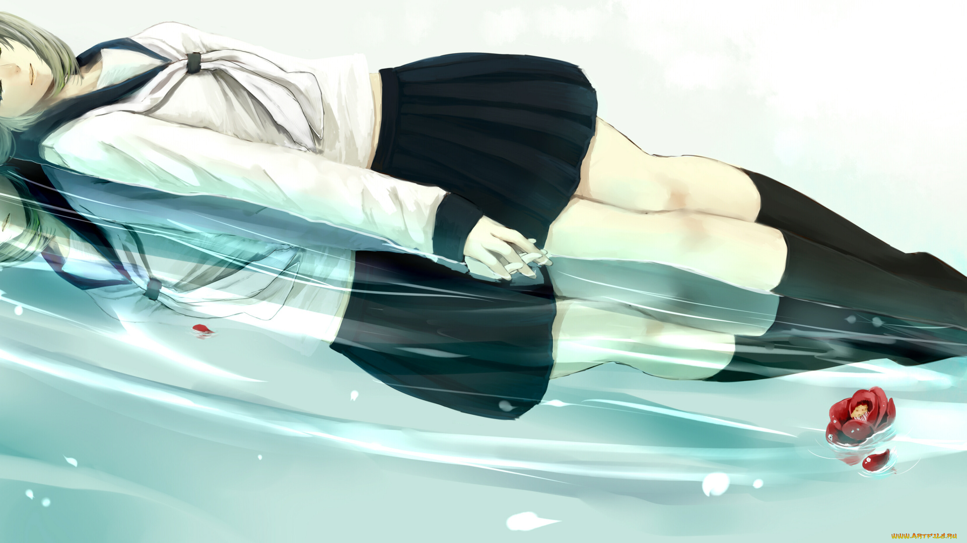 аниме, *unknown, другое, цветы, вода, девушка, отражение