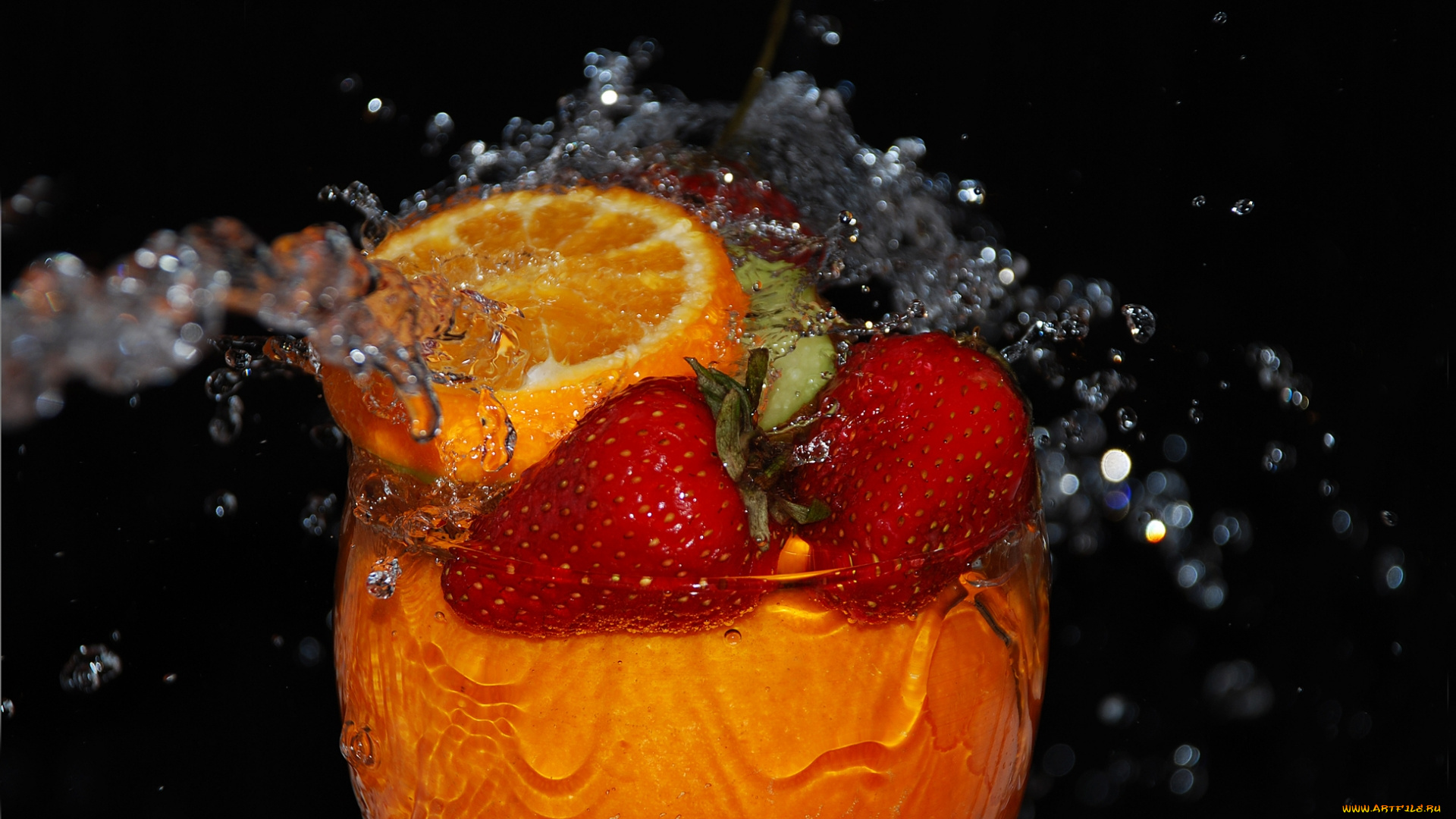 еда, фрукты, ягоды, бокал, брызги, клубника, апельсин
