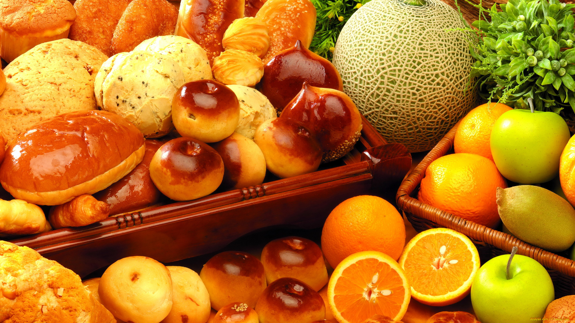 еда, разное, дыня, лимоны, булочки, выпечка