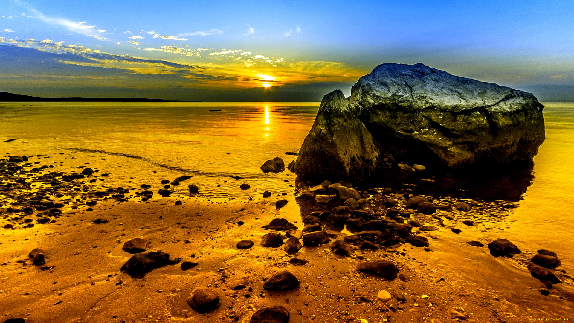 природа, восходы, закаты, валун, закат, океан