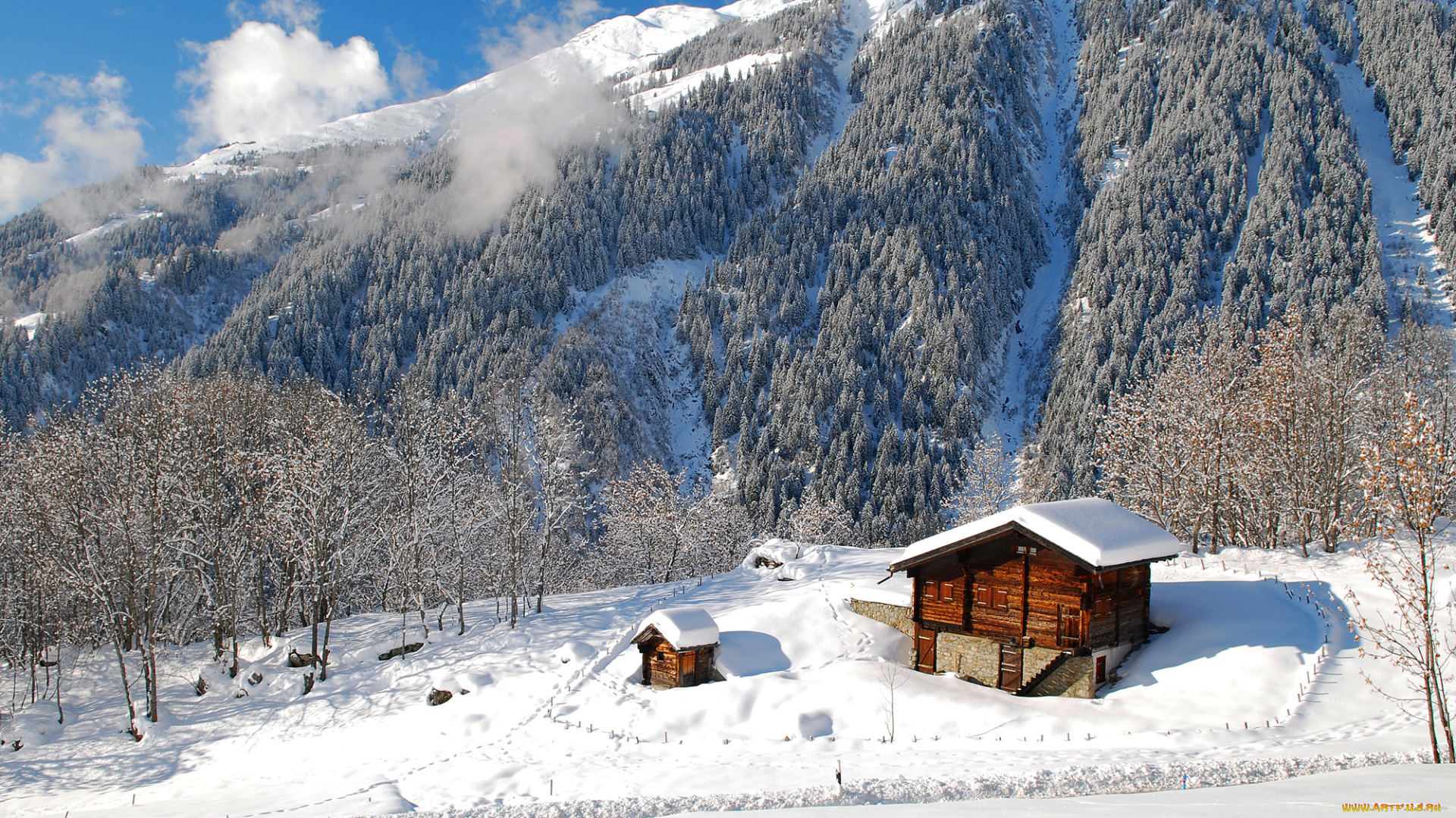 природа, зима, небо, снег, деревья, облака, горы, дома, лес