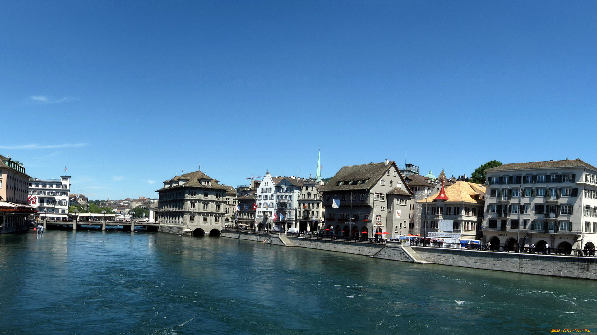 zurich, switzerland, города, цюрих, швейцария, озеро, мост, дома