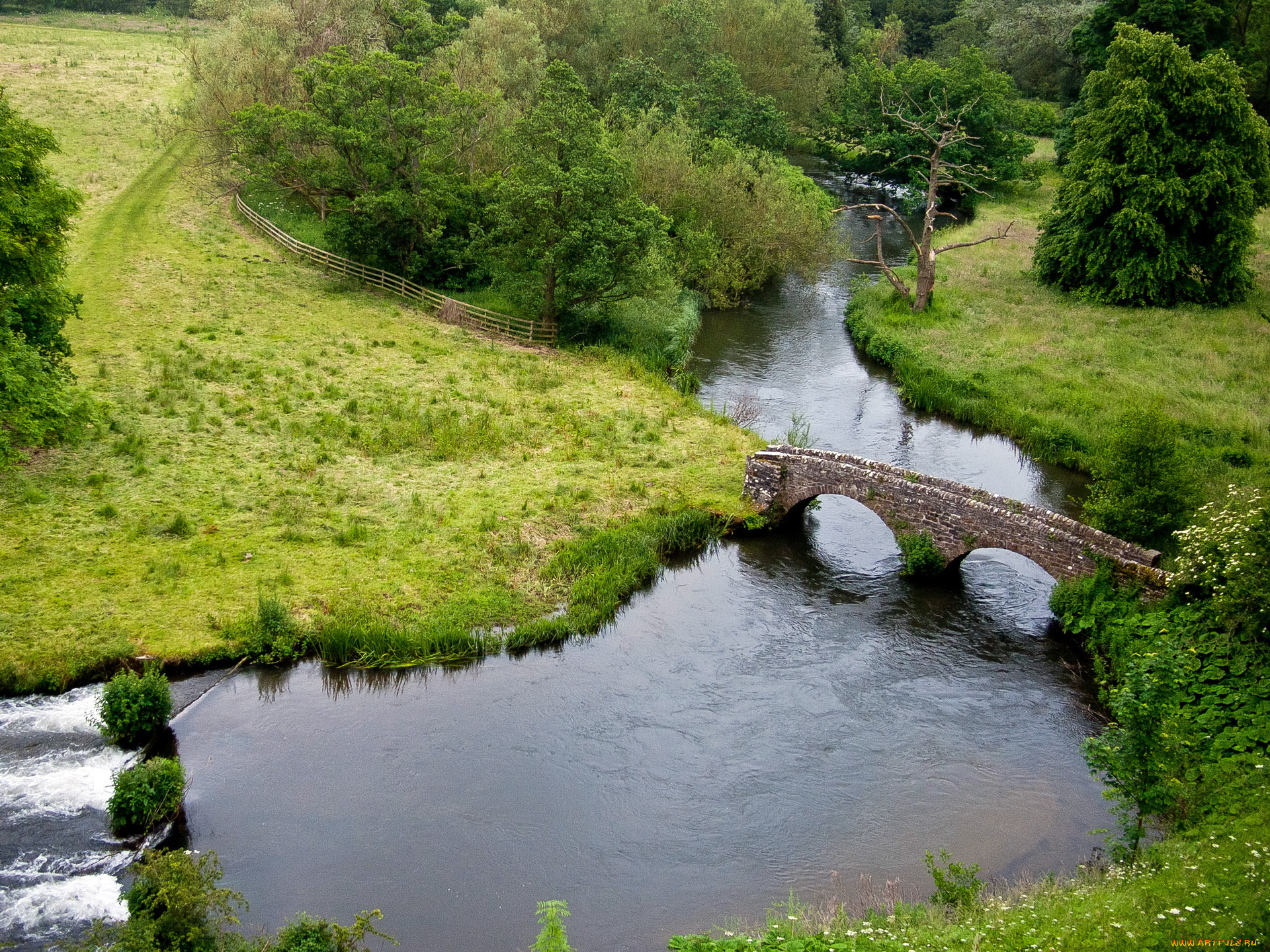 haddon, hall, gardens, англия, природа, парк, растения, мостик, река