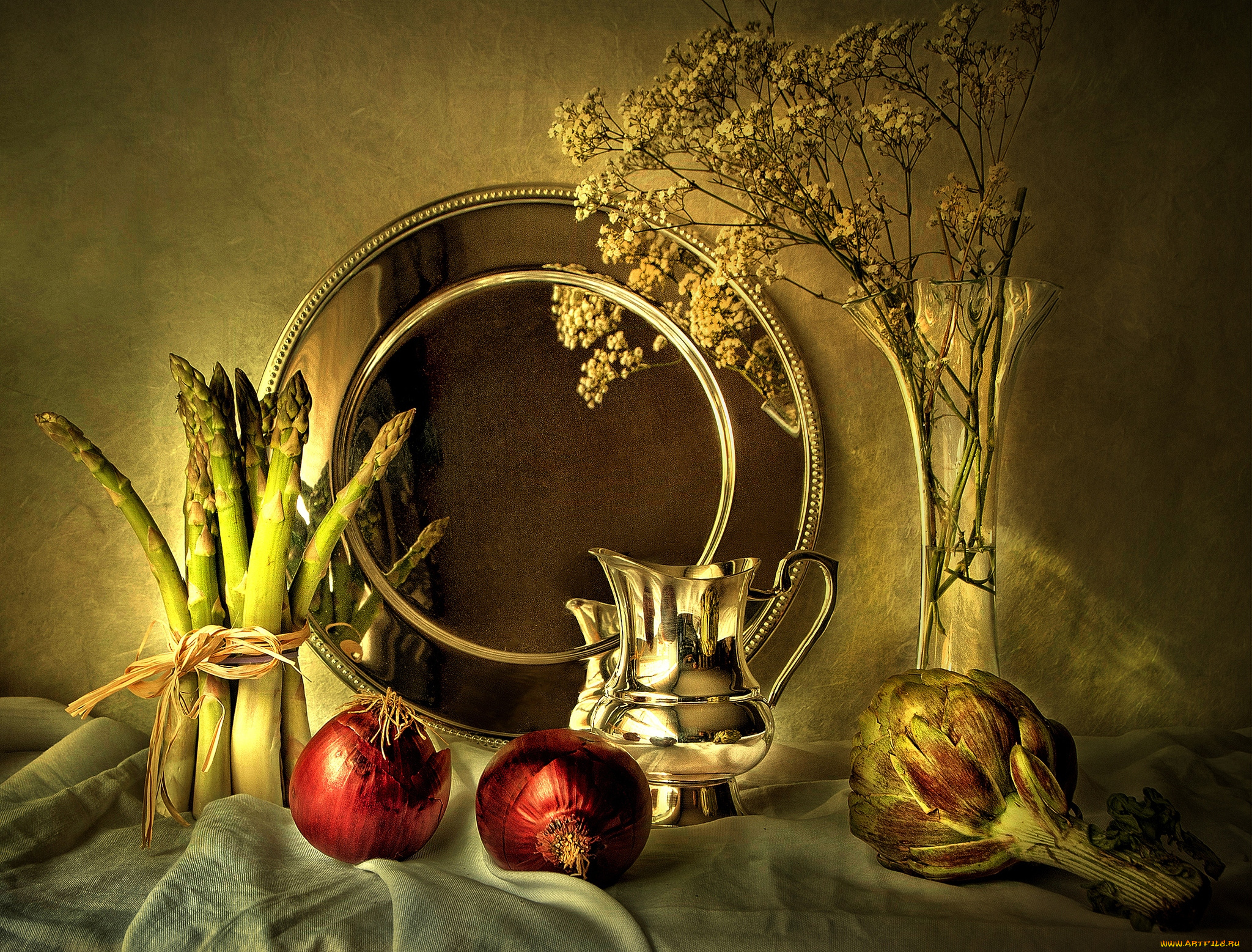 еда, натюрморт, лук, спаржа, артишок, блюдо