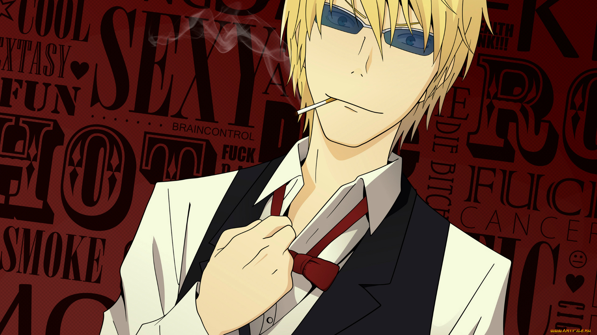 аниме, durarara, очки, shizuo, heiwajima, шрифты, галстук-бабочка, сигарета