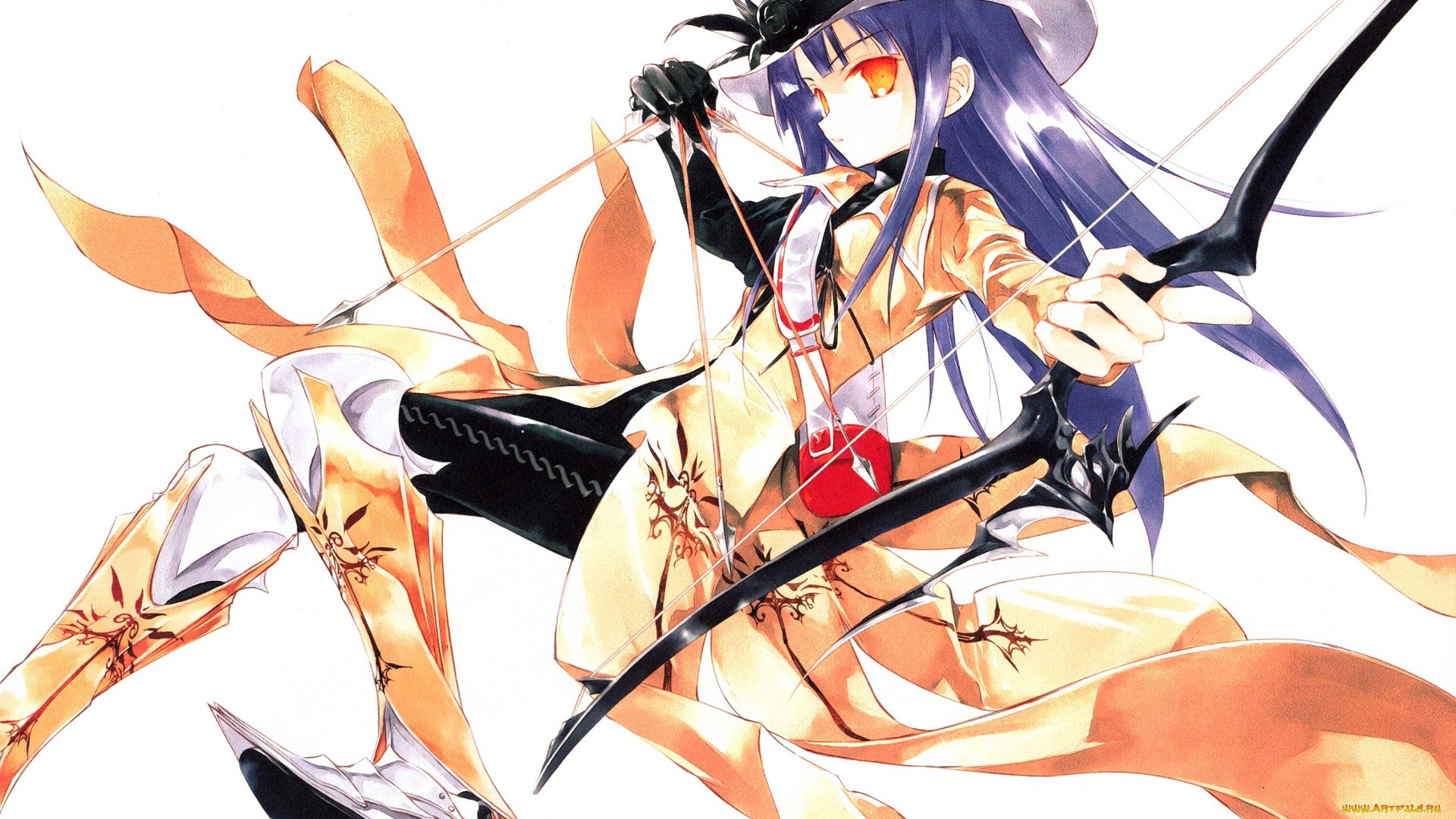 аниме, оружие, , техника, , технологии, шляпа, девочка, art, sumi, keiichi, красные, глаза, сапоги, стрелы, лук