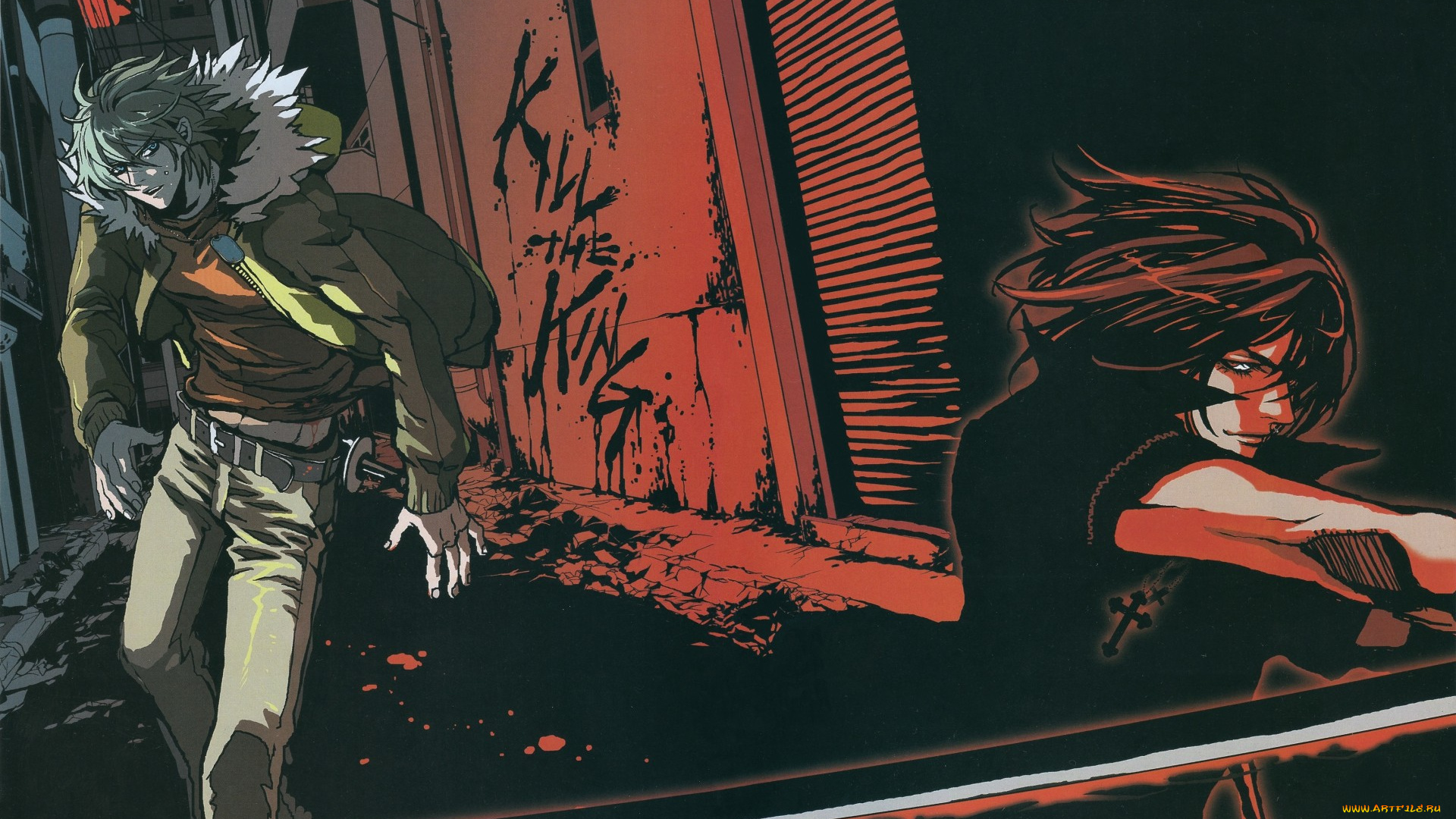 аниме, togainu, no, chi, крест, катана, улица, ночь, shiki, akira, двое, поединок, togainu, no, chi