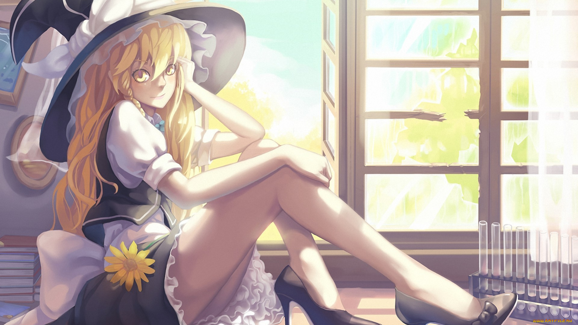 аниме, touhou, окно, цветы, колбы, девушка, каблуки, туфли, kirisame, marisa, сидя, шляпа, madyy, арт