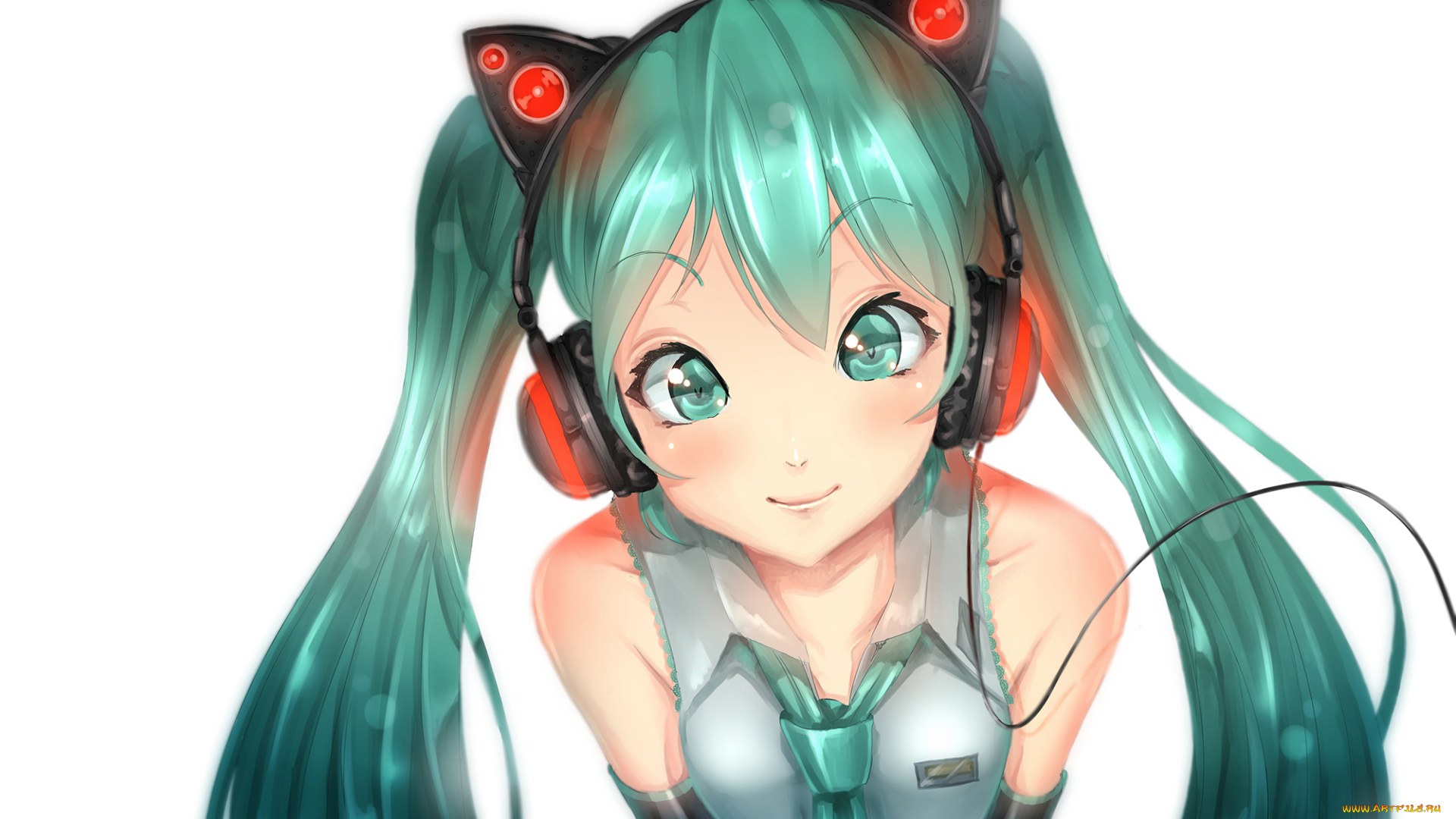 аниме, vocaloid, наушники, взгляд, улыбка, девочка, hatsune, miku, арт