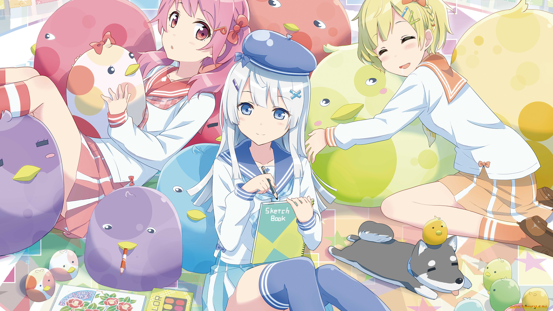 аниме, животные, , существа, арт, девочки, gochou, comedia80