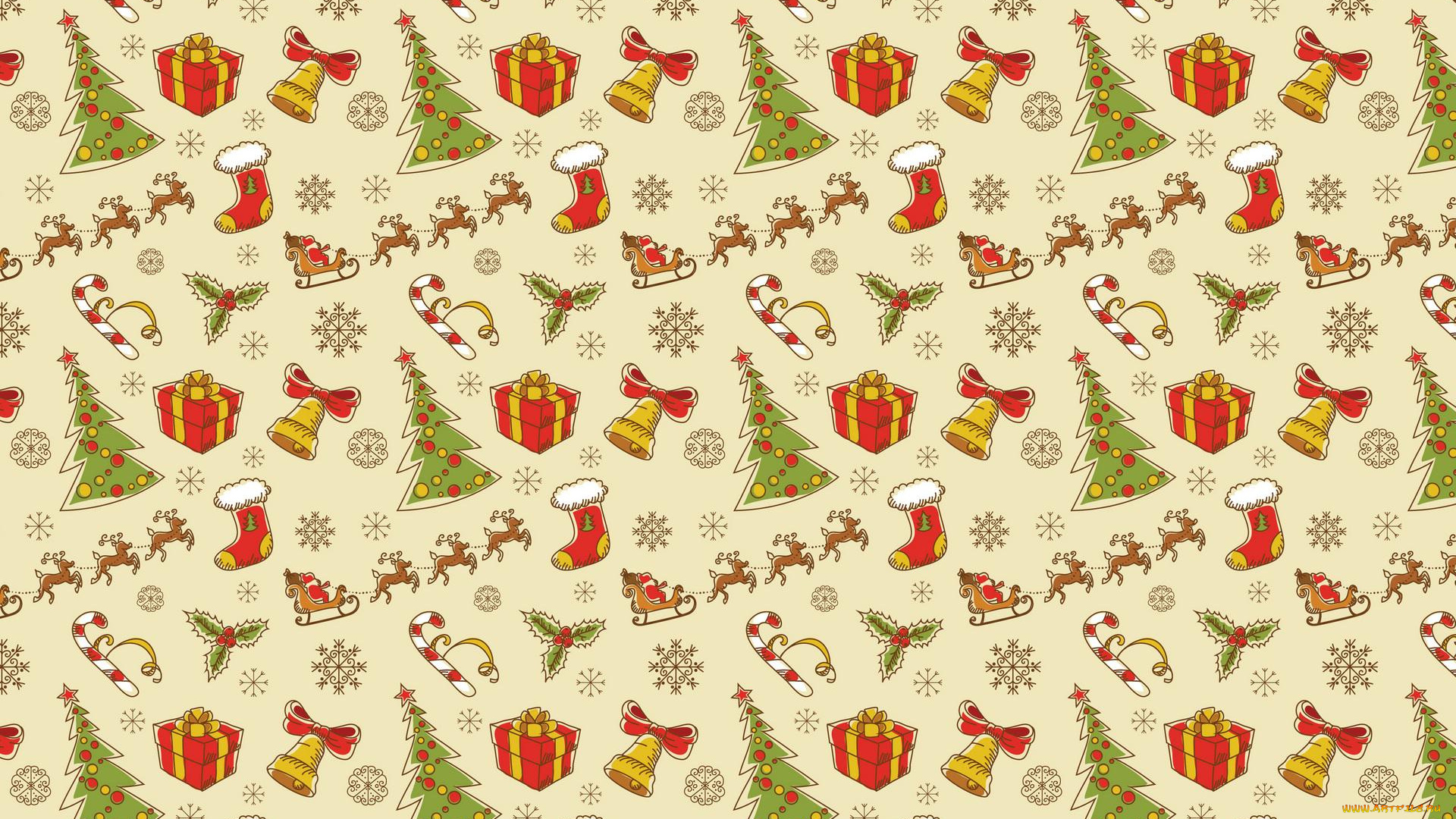 праздничные, векторная, графика, , новый, год, орнамент, текстура, сани, олени, дед, мороз, ёлки, коробки, снежинки, рождество, носки, подарки, конфеты, колокольчики