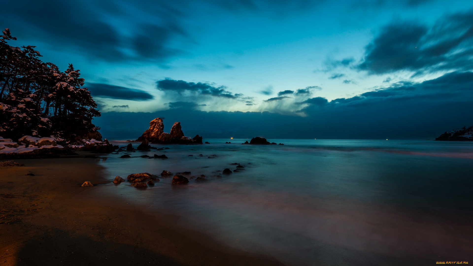 природа, побережье, скалы, море, ночь, korea