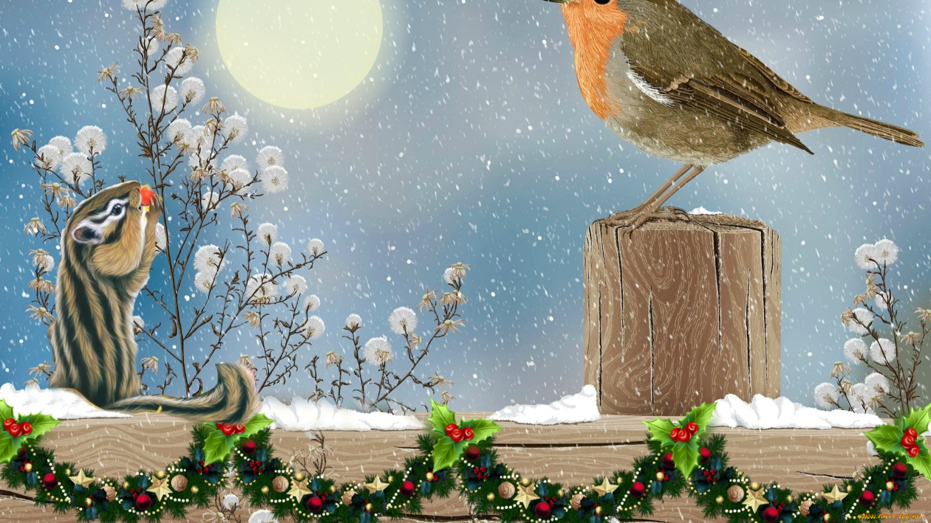 рисованное, праздники, соднце, ягоды, птичка, зверек, снег, забор