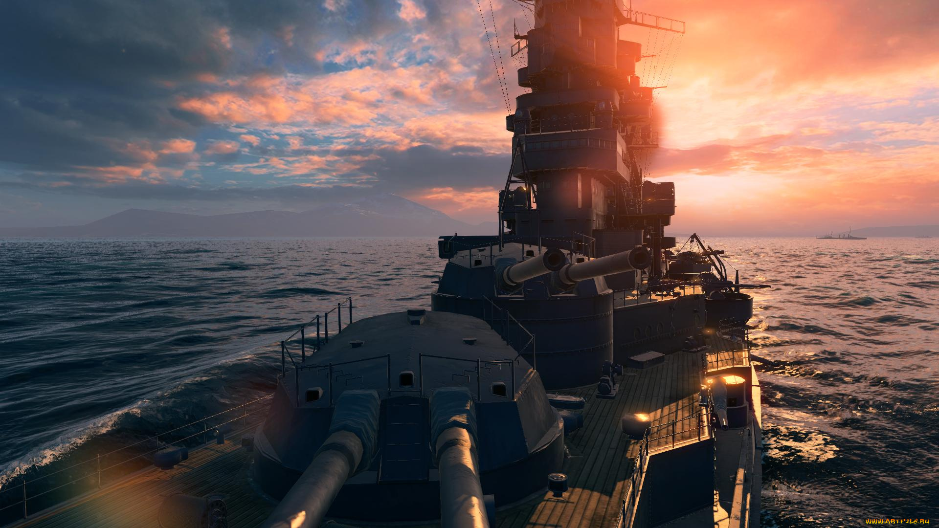 видео, игры, world, of, warships, закат, море, корабль