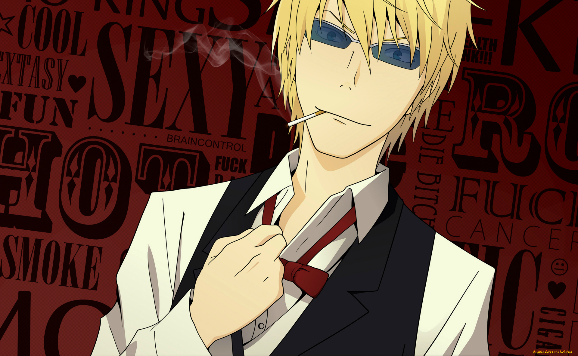 аниме, durarara, очки, shizuo, heiwajima, шрифты, галстук-бабочка, сигарета