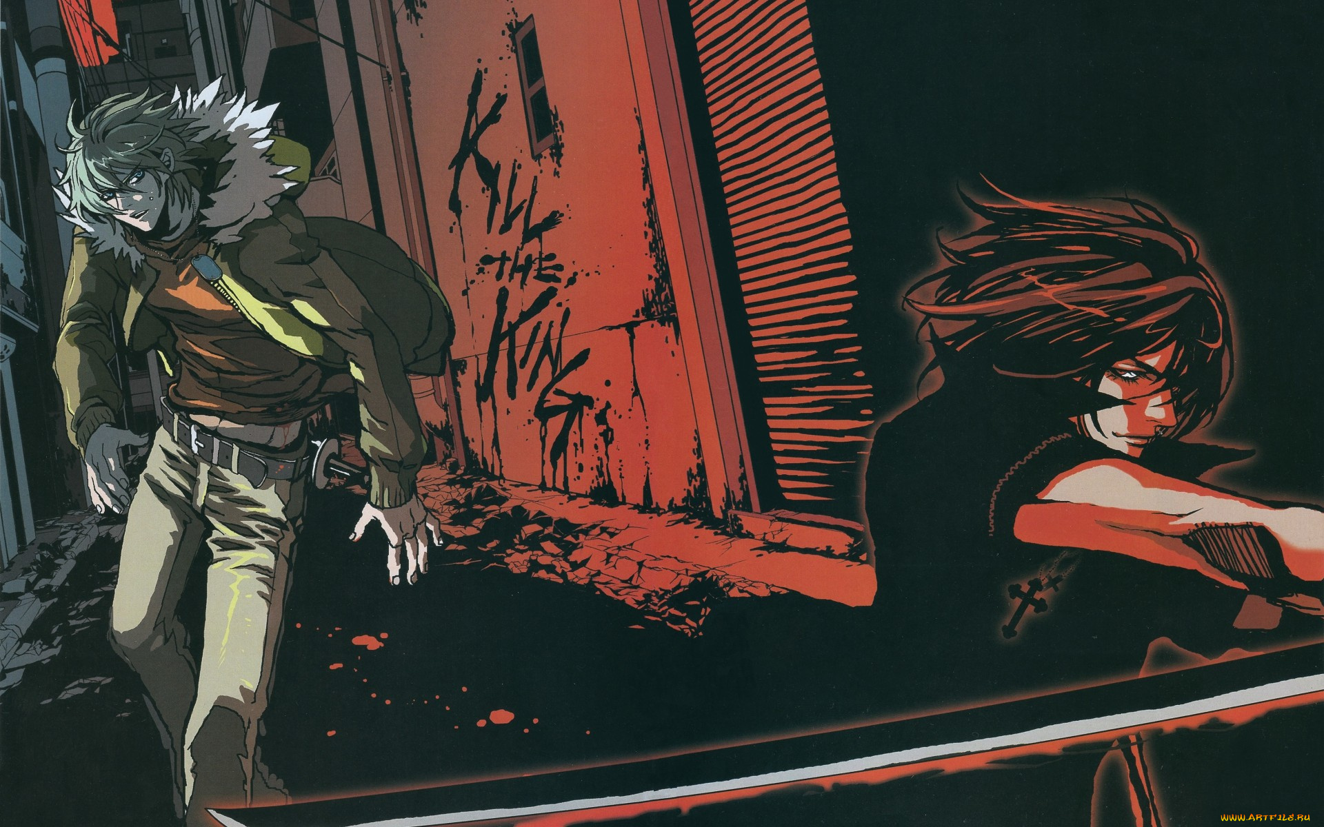 аниме, togainu, no, chi, крест, катана, улица, ночь, shiki, akira, двое, поединок, togainu, no, chi