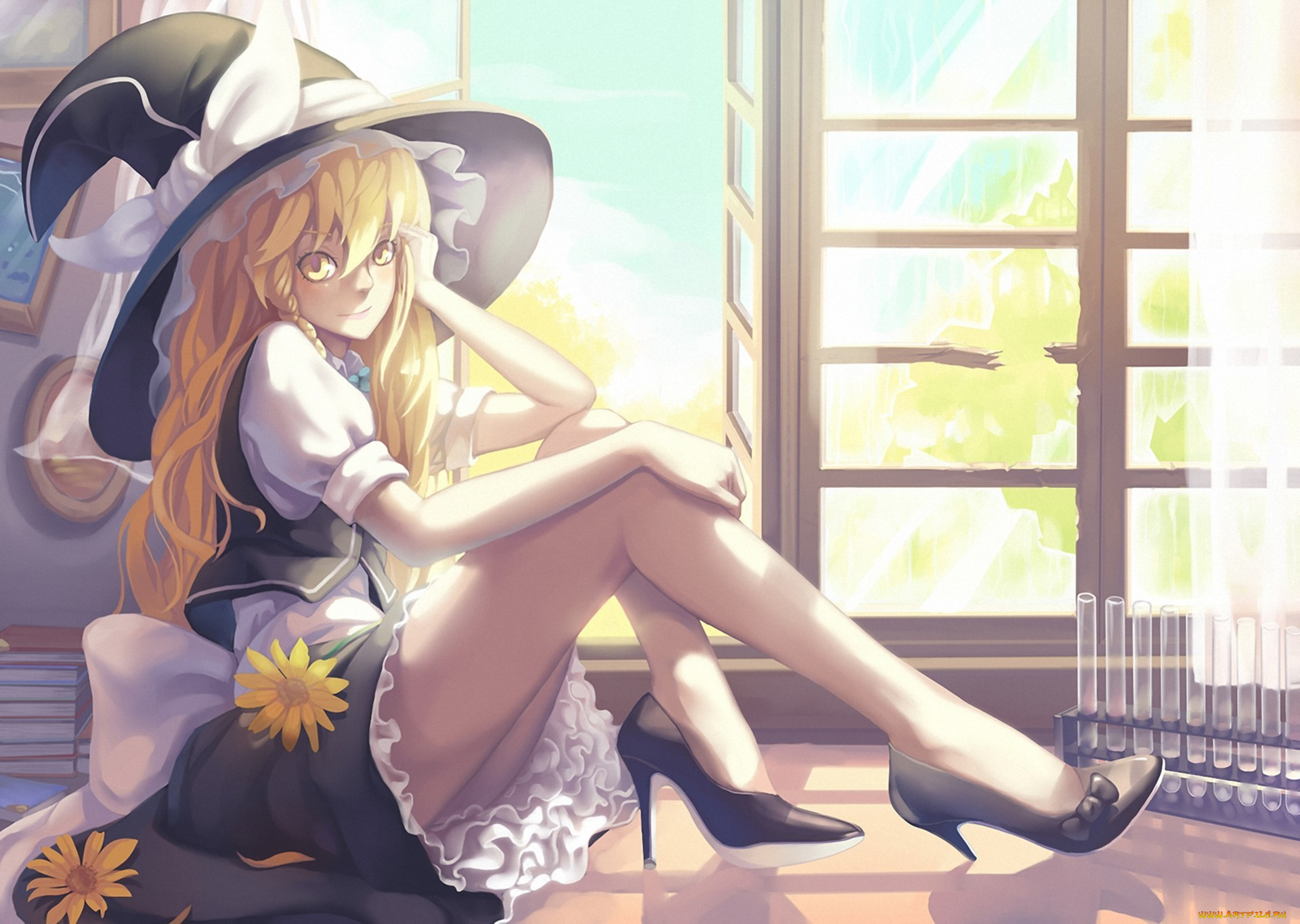 аниме, touhou, окно, цветы, колбы, девушка, каблуки, туфли, kirisame, marisa, сидя, шляпа, madyy, арт