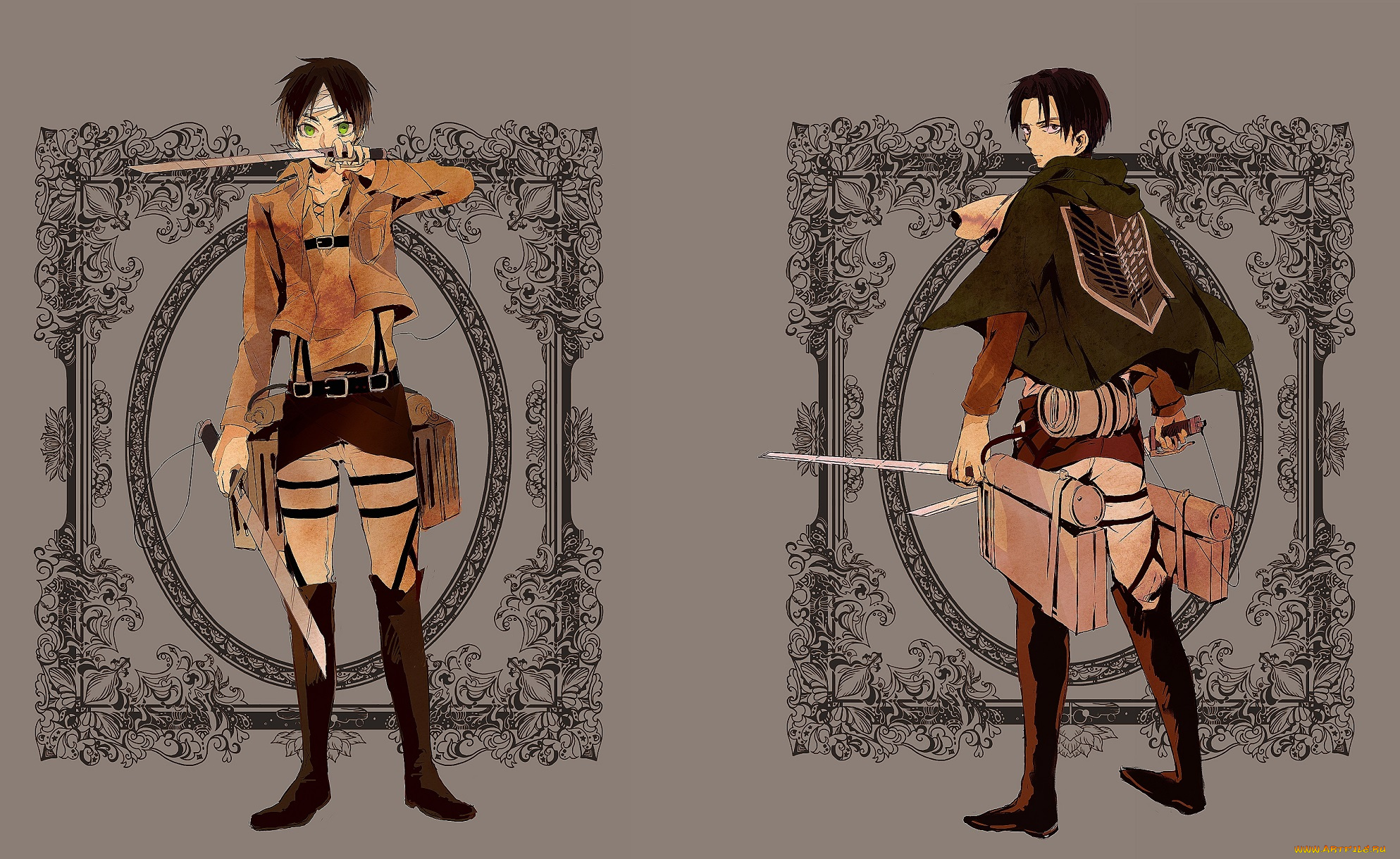 аниме, shingeki, no, kyojin, леви, эрен, фон, арт, атака, титанов