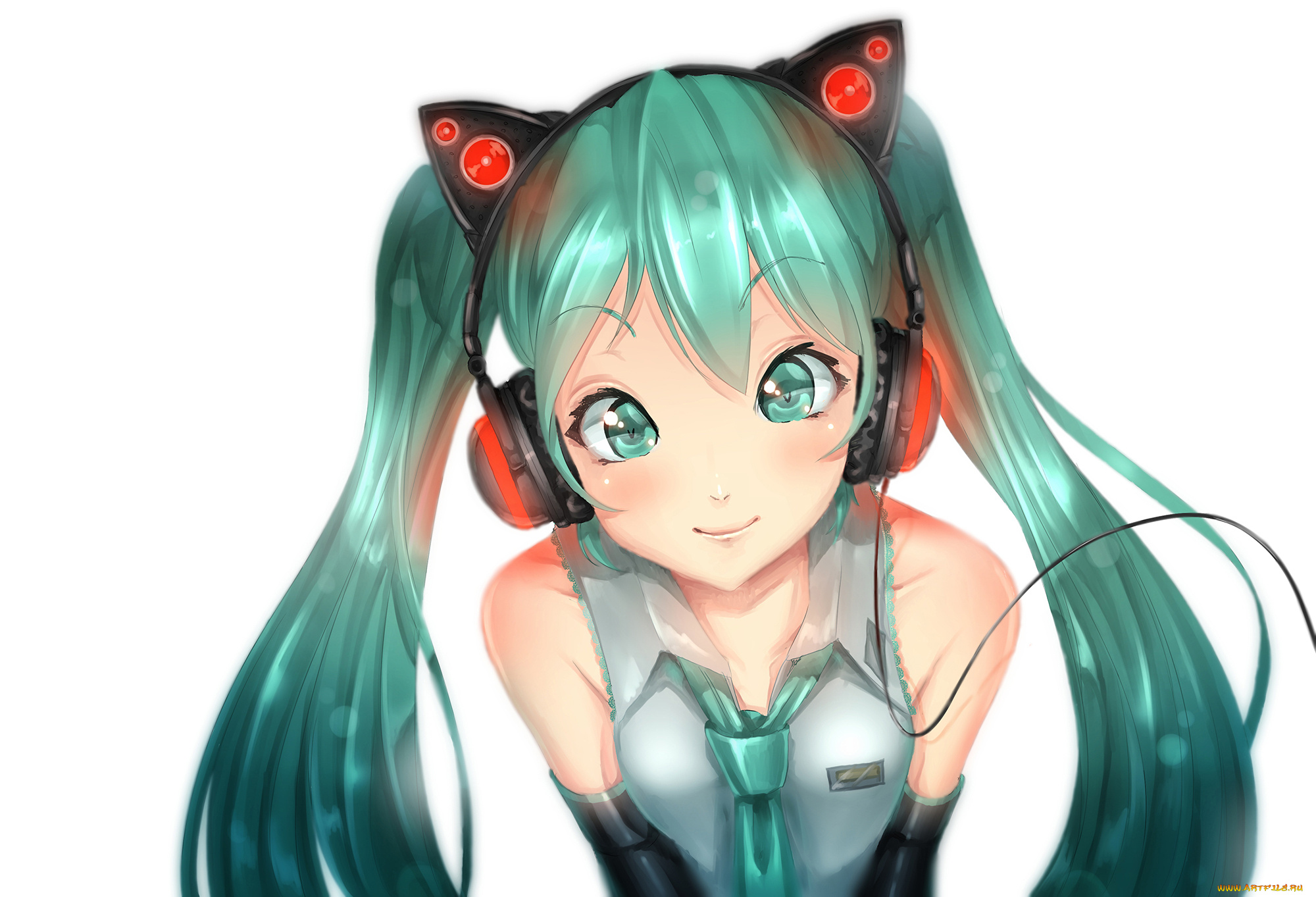 аниме, vocaloid, наушники, взгляд, улыбка, девочка, hatsune, miku, арт