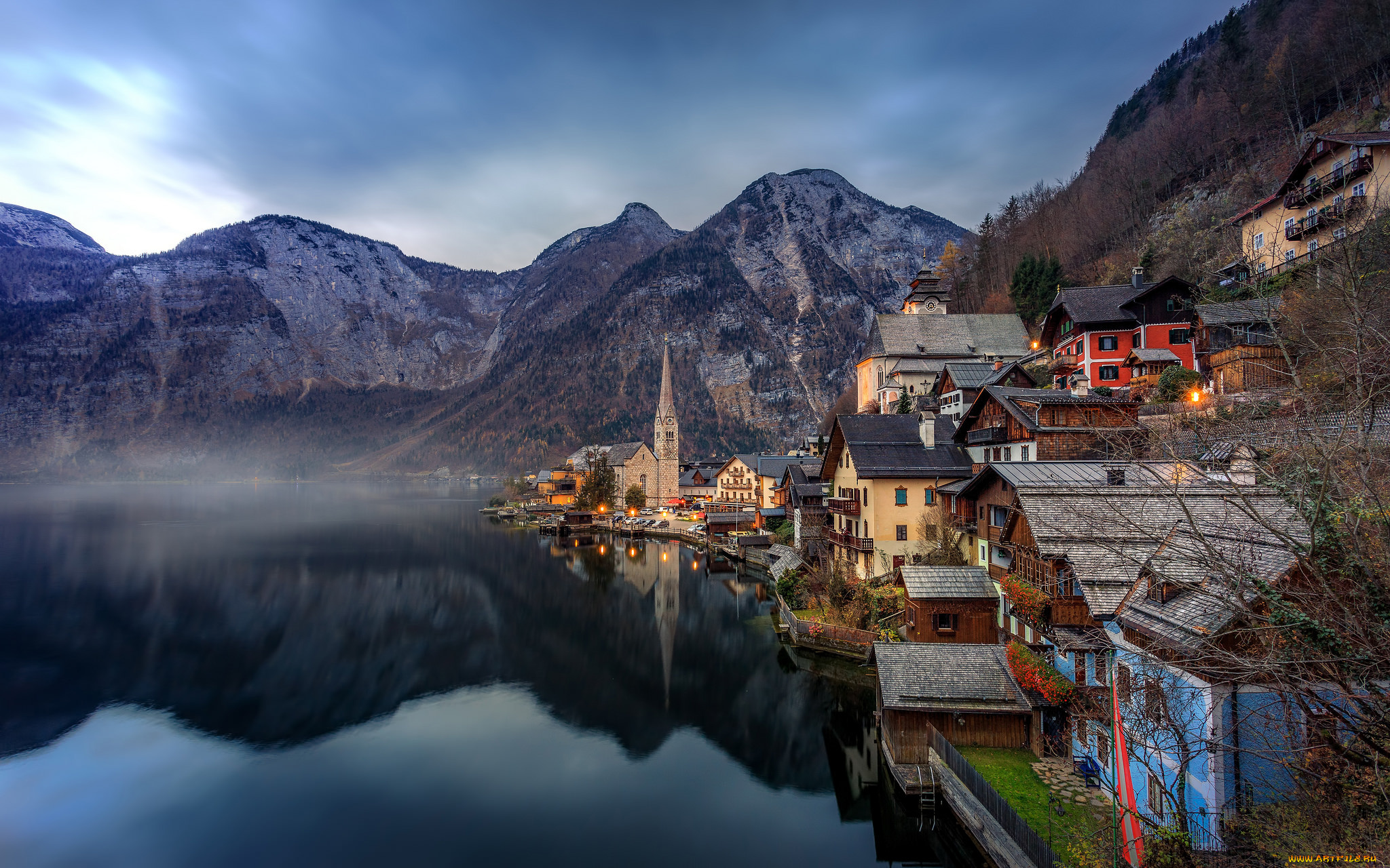 hallstatt, , austria, города, -, пейзажи, горы, озеро, городок