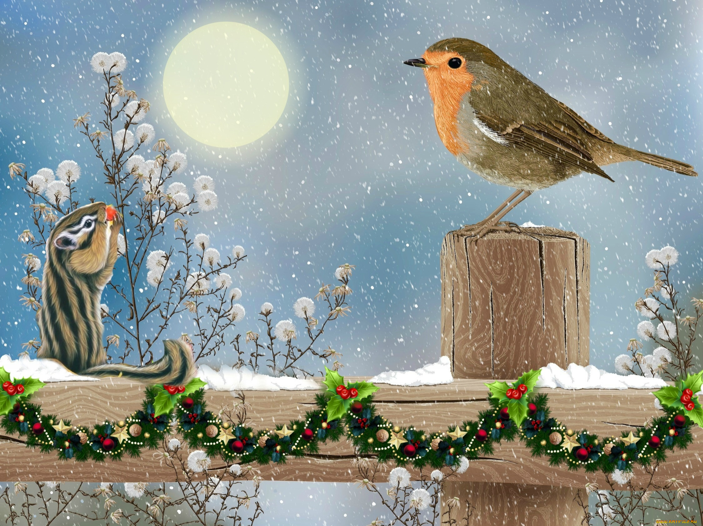 рисованное, праздники, соднце, ягоды, птичка, зверек, снег, забор