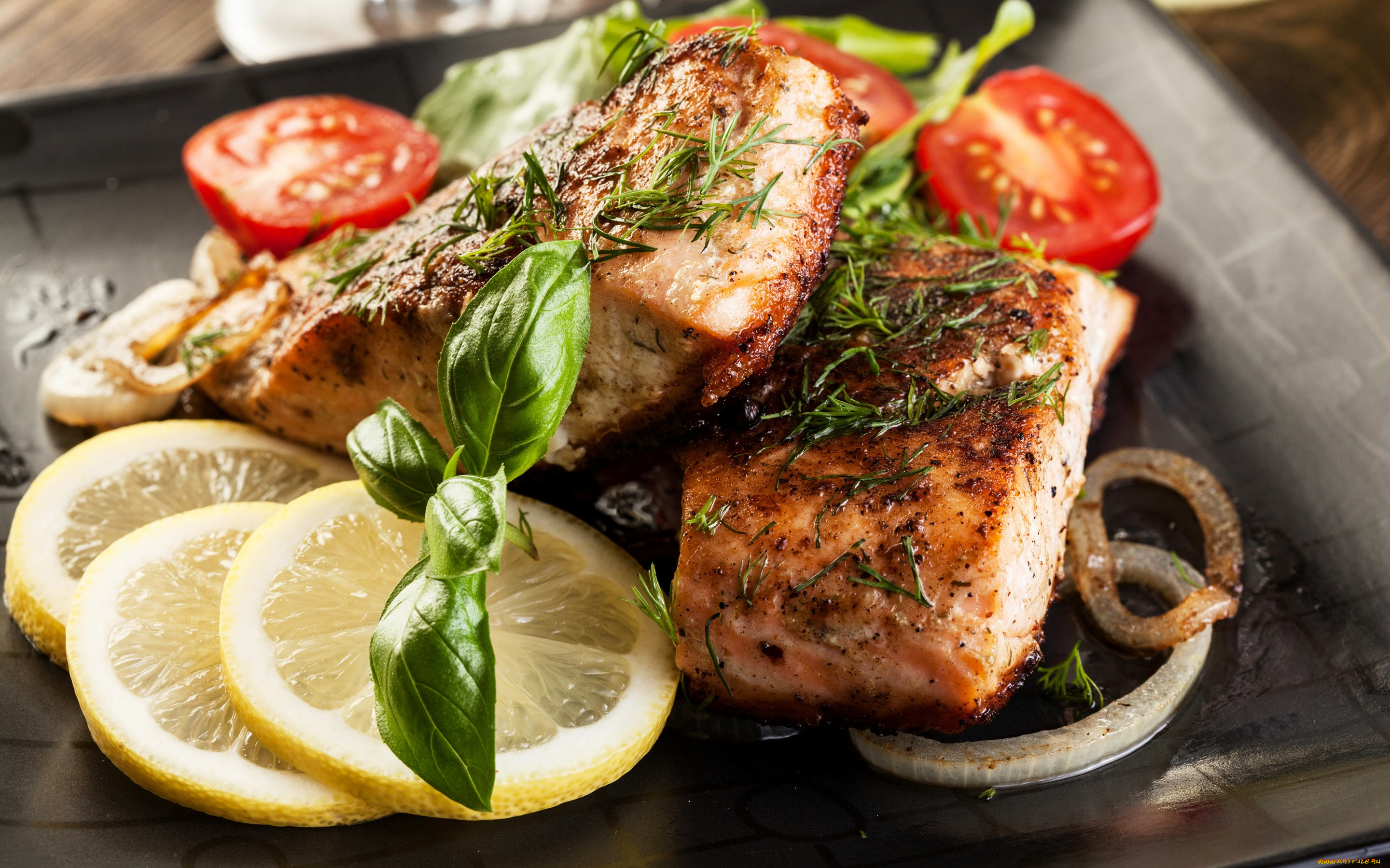 еда, мясные, блюда, лимон, рыба, мясо, tomatoes, meat