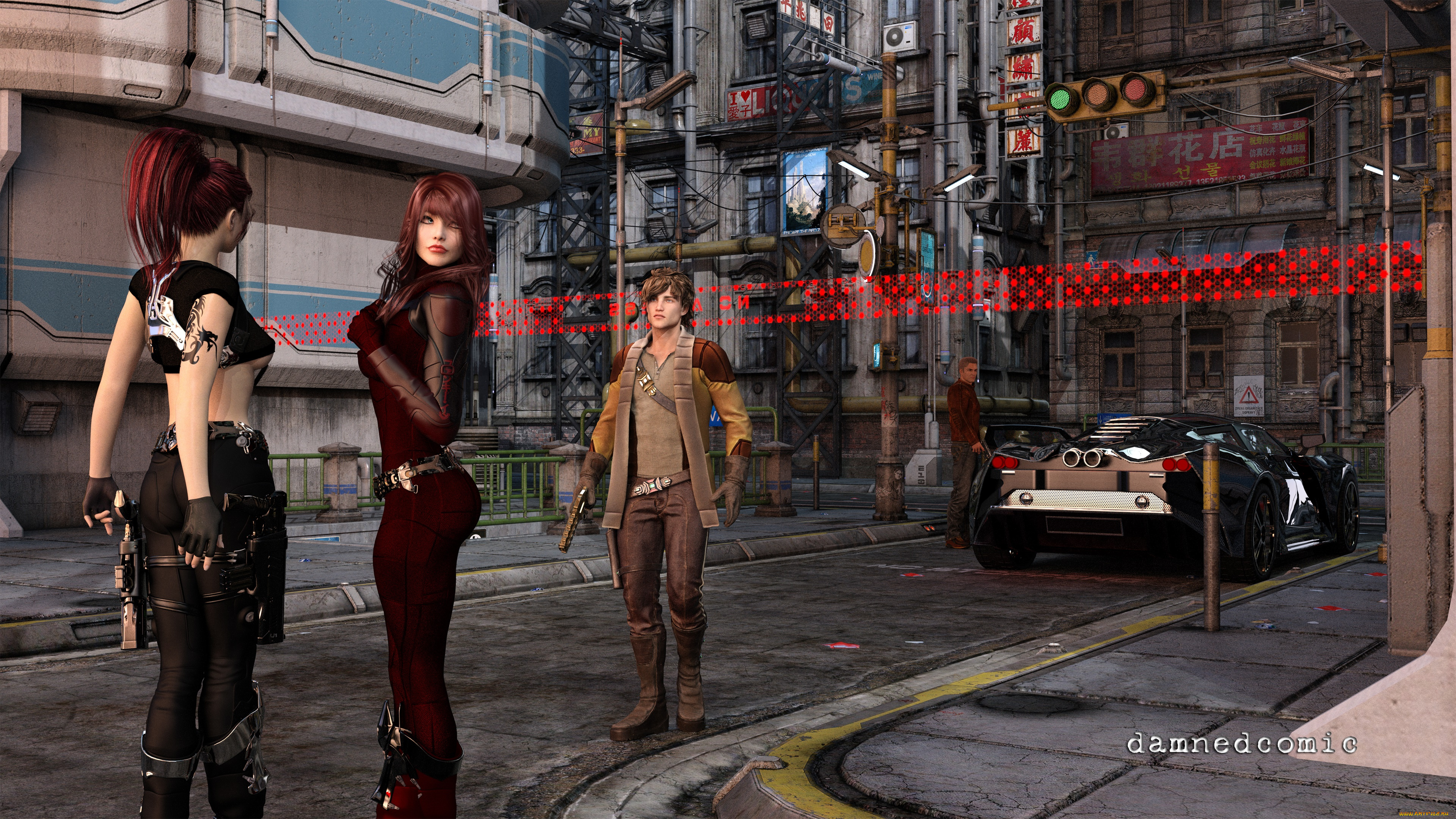 3д, графика, фантазия, , fantasy, фон, взгляд, девушки, парень, оружие