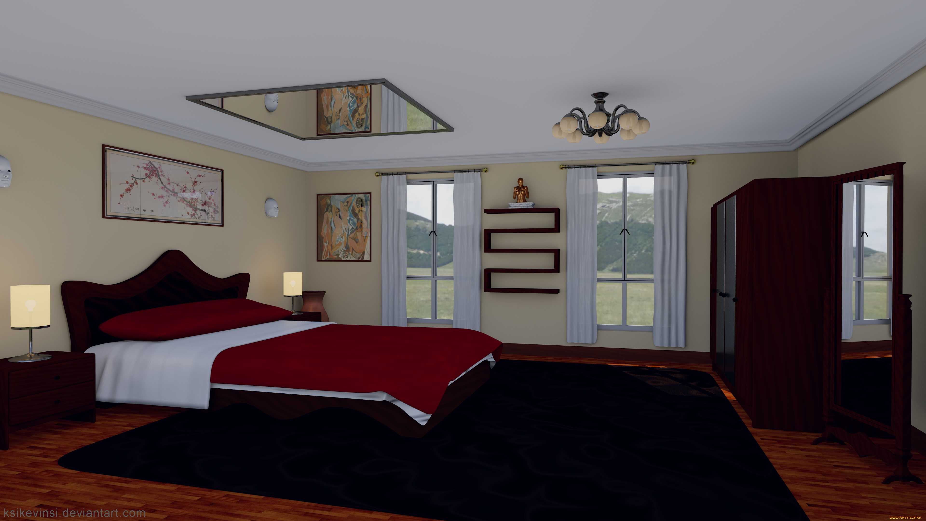 3д, графика, реализм, , realism, светильники, картины, кровать, уют, интерьер