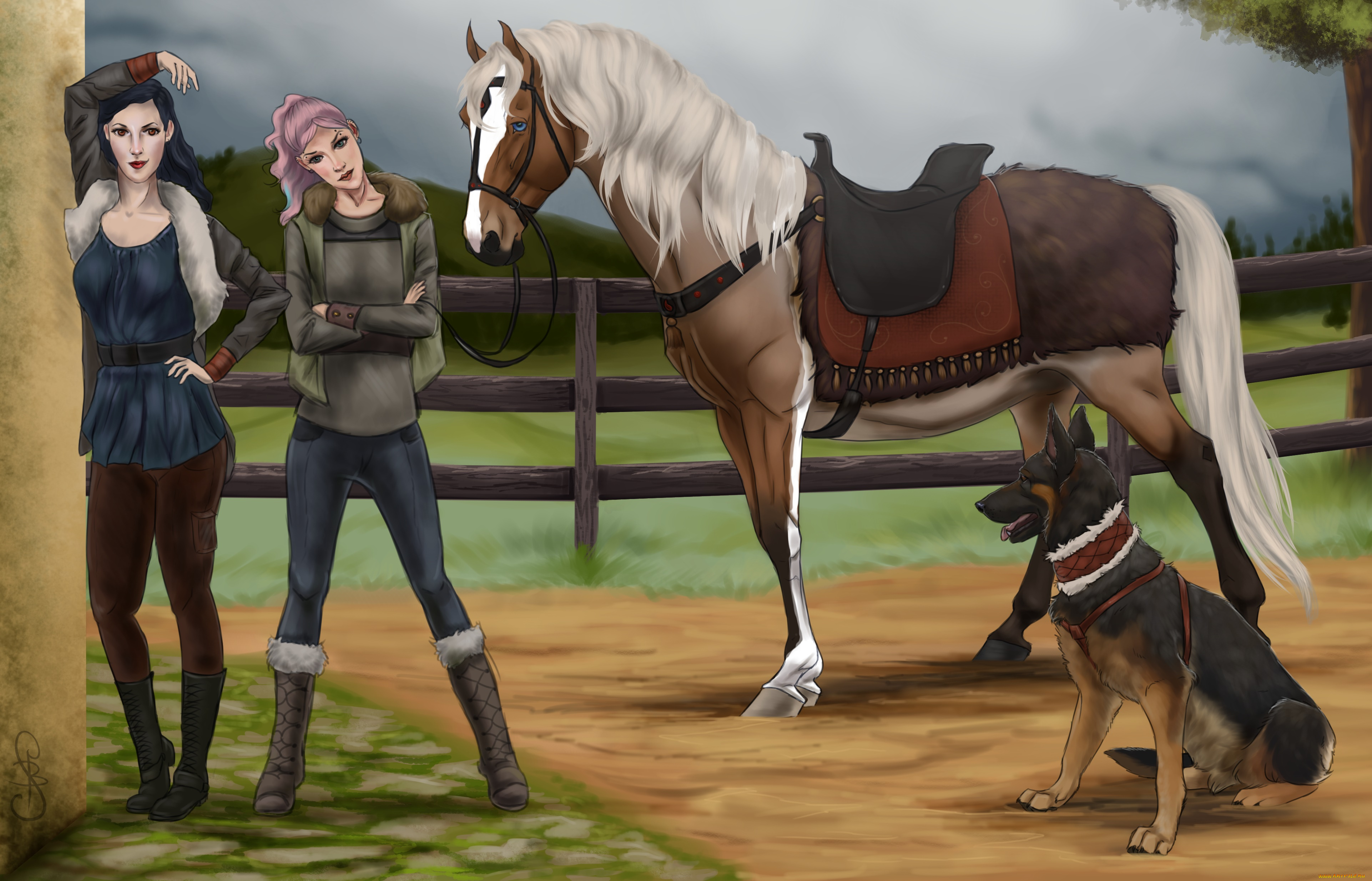 рисованное, животные, , лошади, фон, взгляд, девушки, лошадь, собака