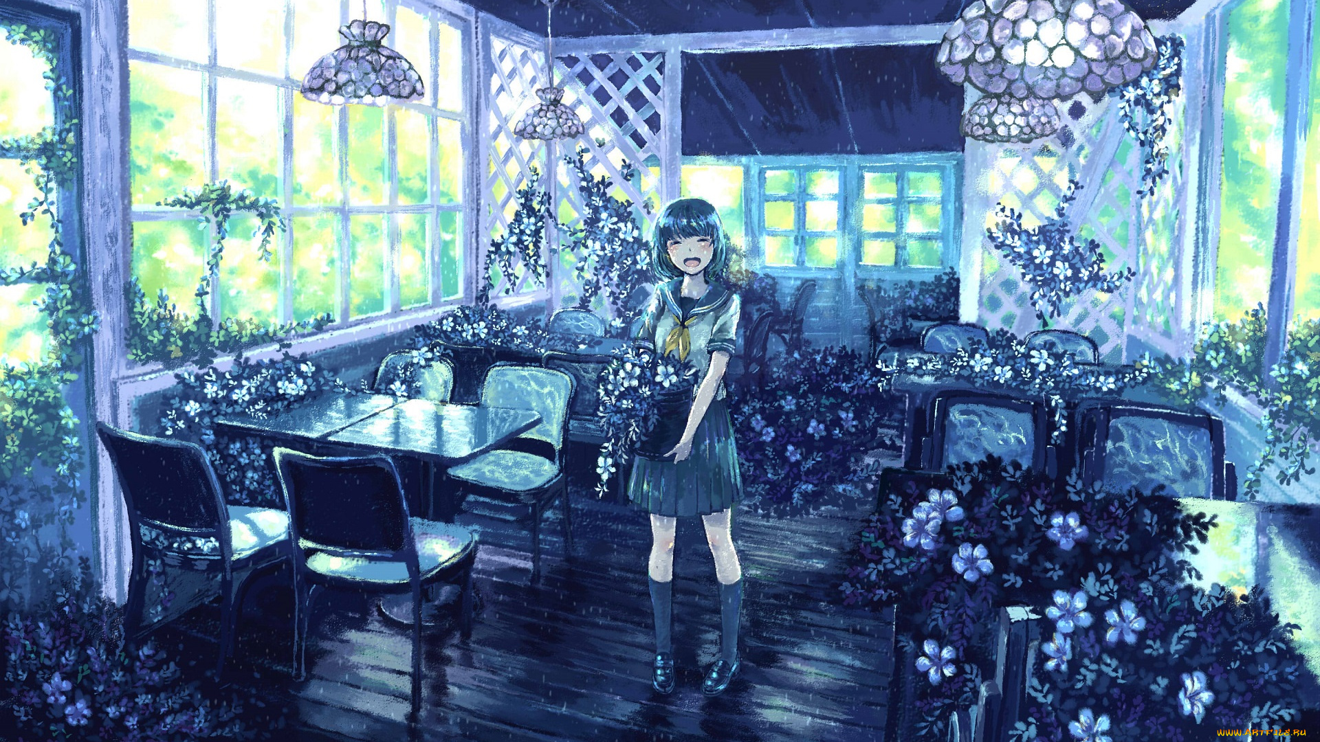 аниме, город, , улицы, , интерьер, , здания, цветы, девушка