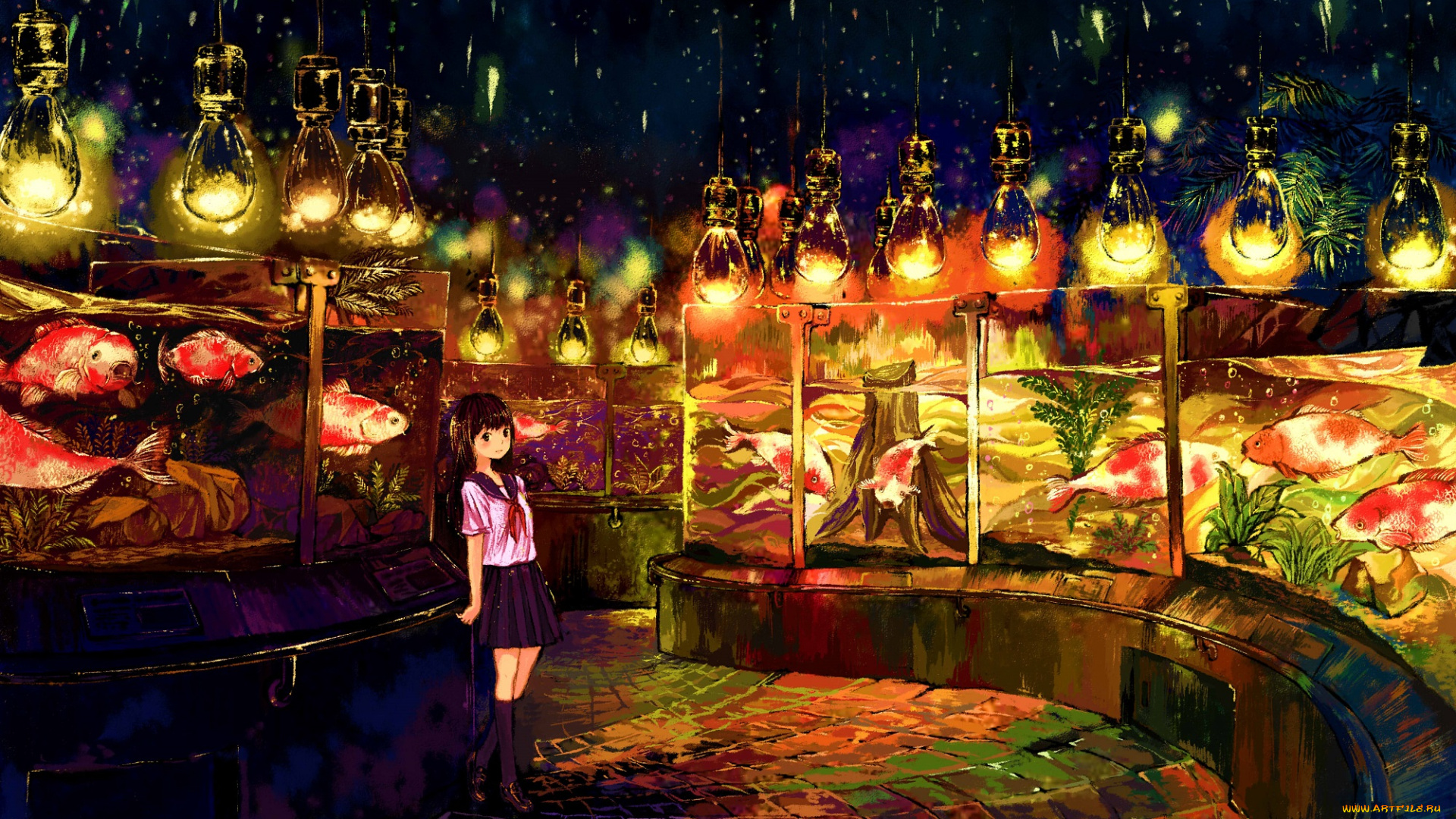 аниме, город, , улицы, , интерьер, , здания, фонари