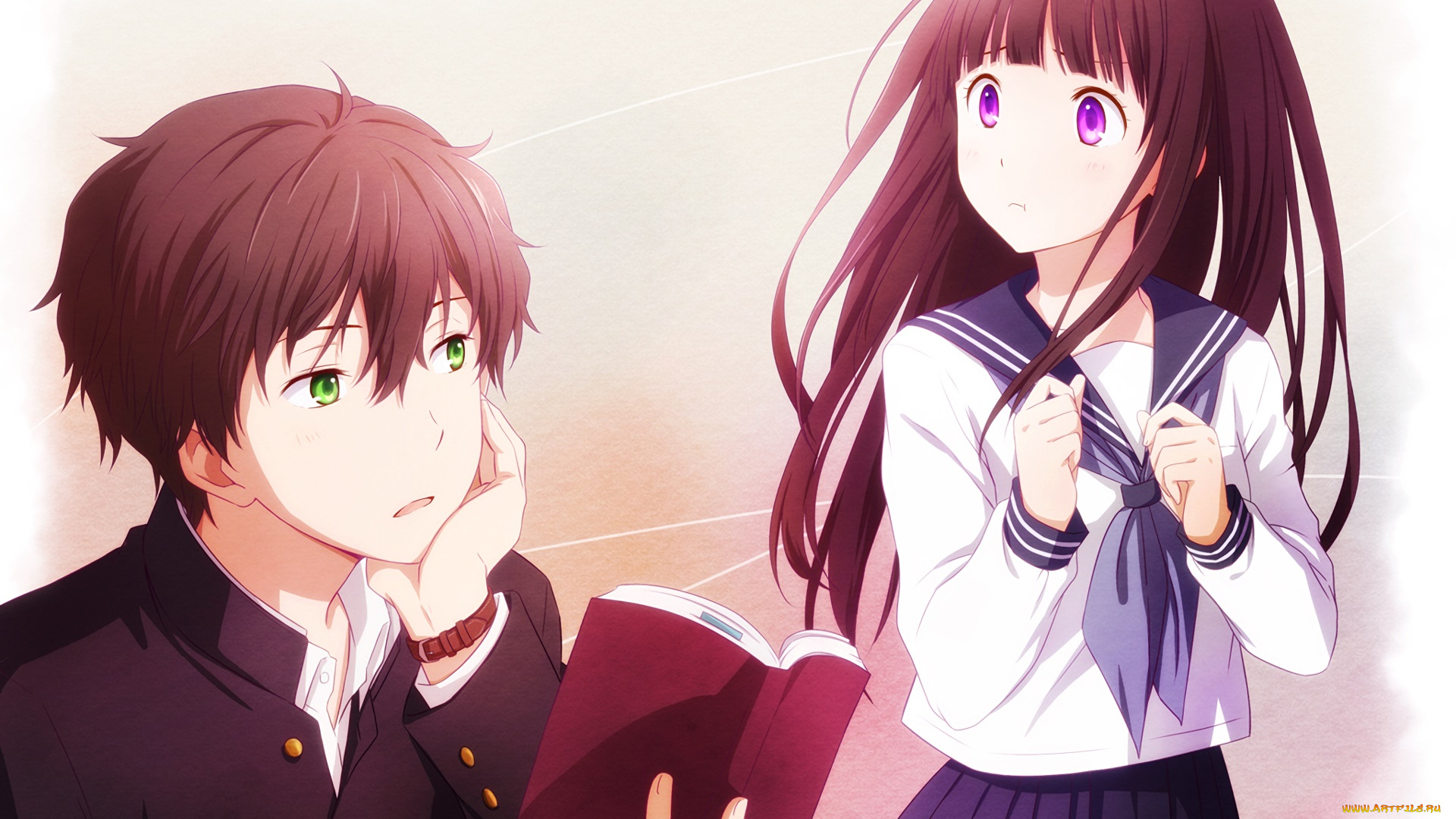аниме, hyouka, парень, фон, взгляд, девушка
