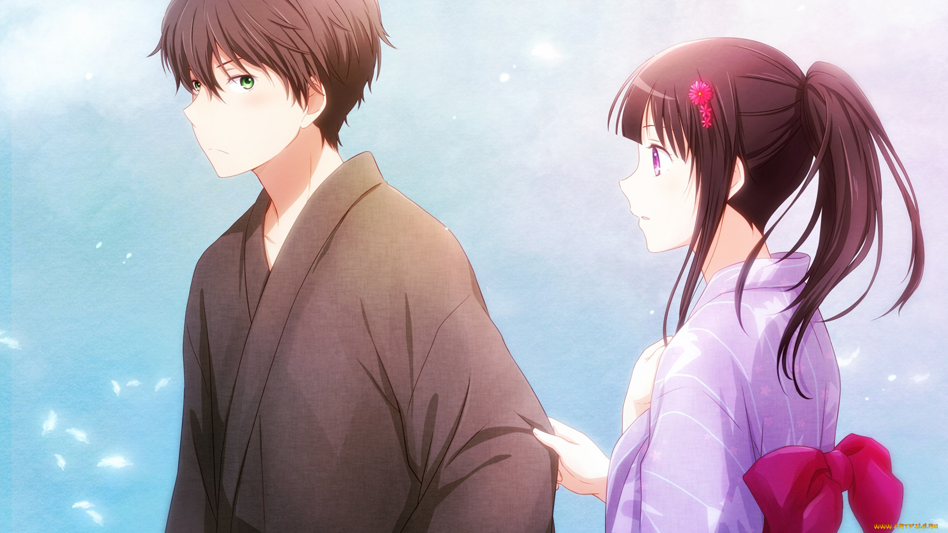 аниме, hyouka, парень, фон, взгляд, девушка