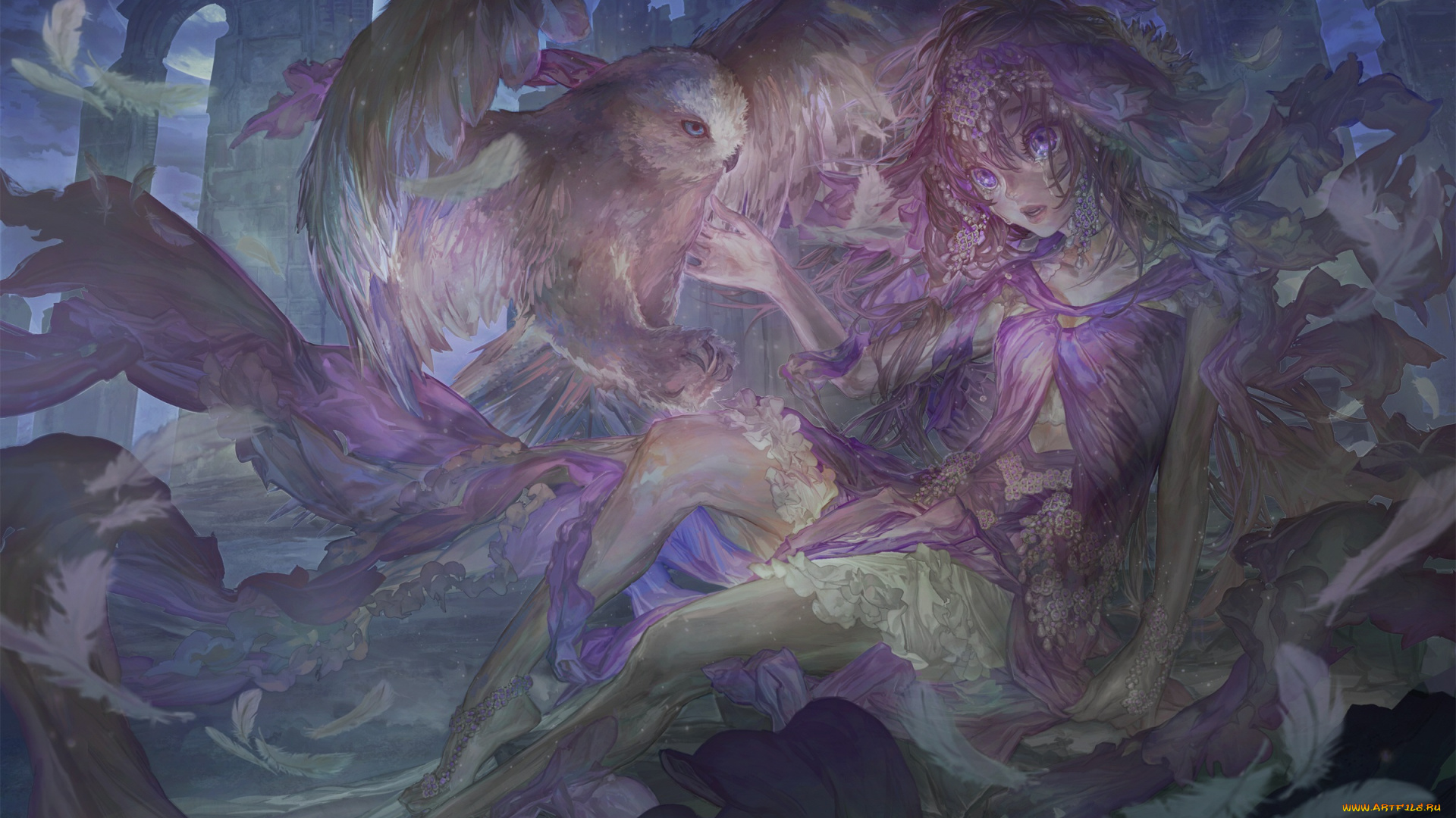 аниме, животные, , существа, сова, девушка