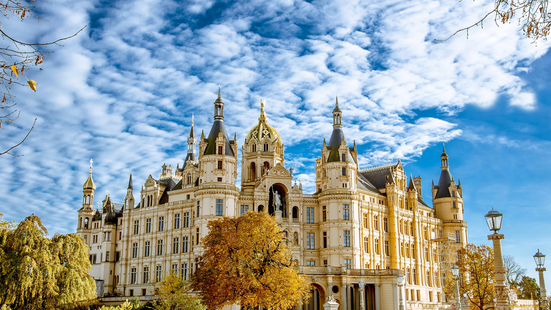 города, замки, германии, дворец, осень, schwerin, германия, деревья, солнце, небо, облака