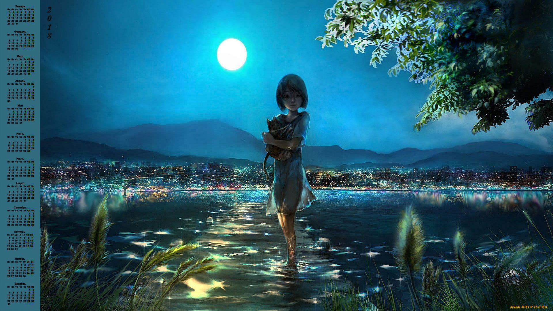 календари, рисованные, , векторная, графика, очки, взгляд, 2018, девушка, кошка, дерево, ночь