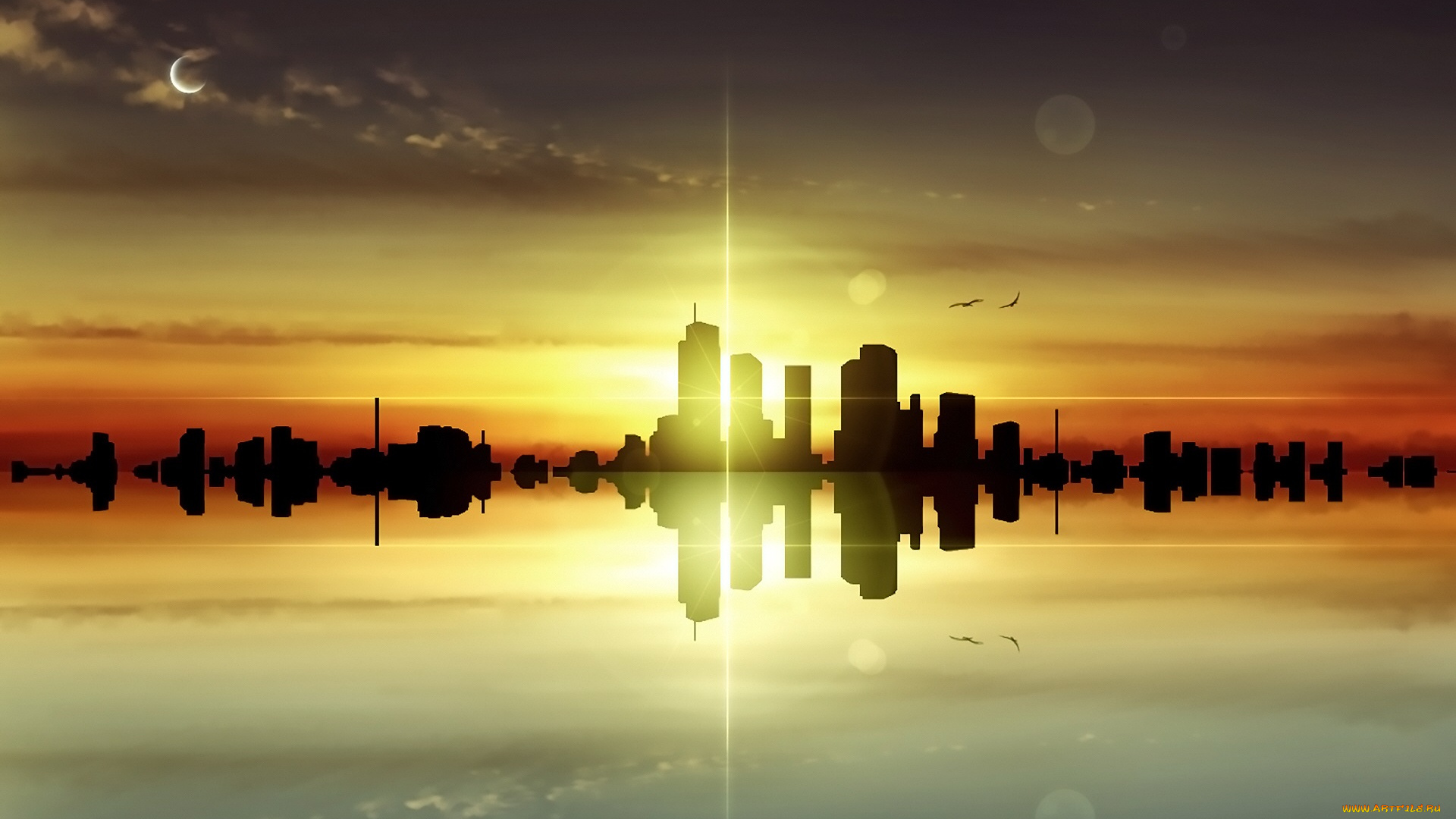 рисованное, города, закат, город