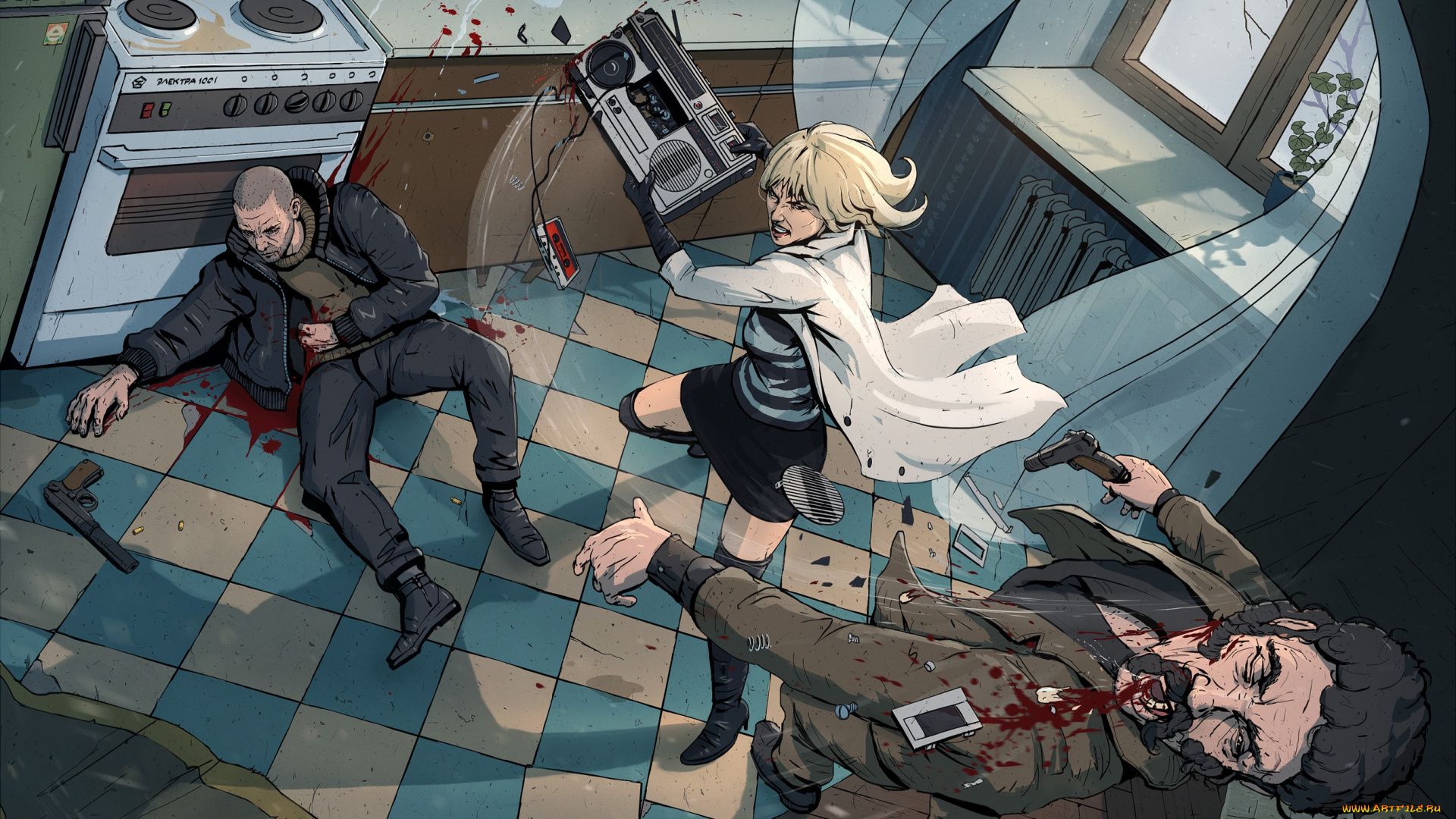 рисованное, кино, lorraine, broughton, блондинка, art, девушка, charlize, theron, atomic, blonde, магнитофон, бой, драка