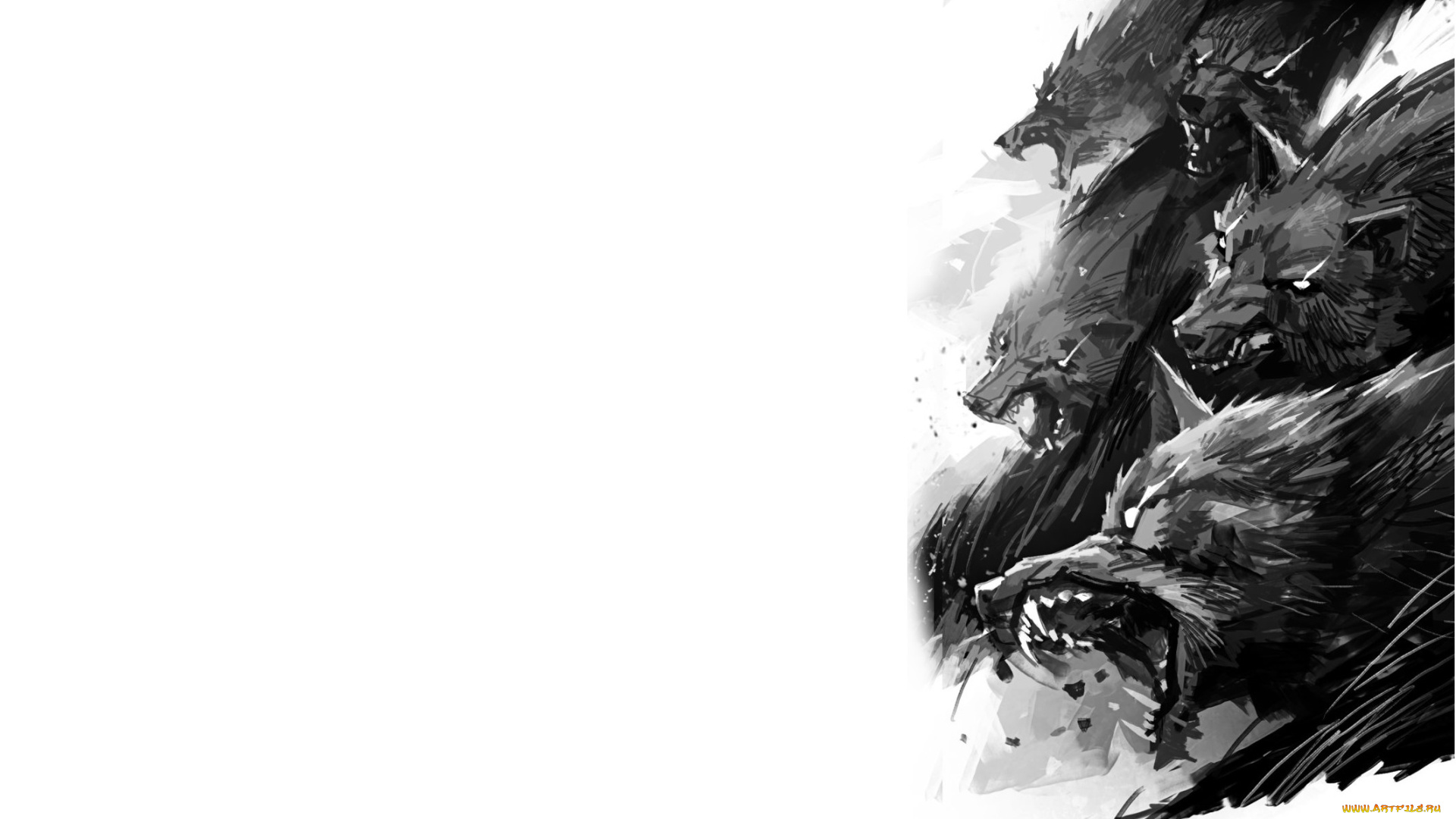 рисованное, животные, , волки, стая, волки, оскал