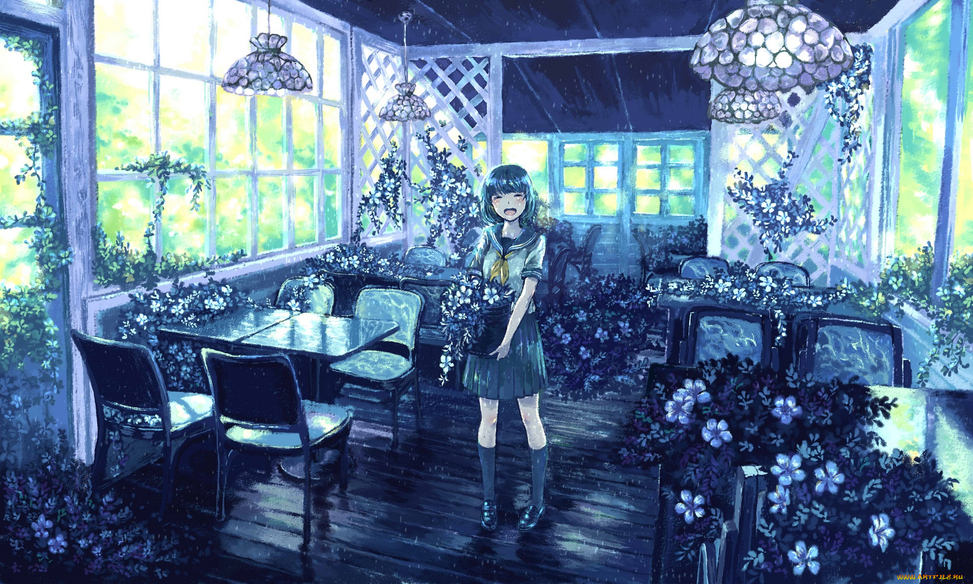 аниме, город, , улицы, , интерьер, , здания, цветы, девушка