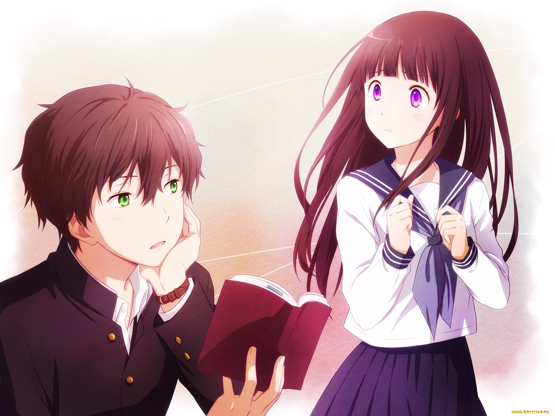 аниме, hyouka, парень, фон, взгляд, девушка
