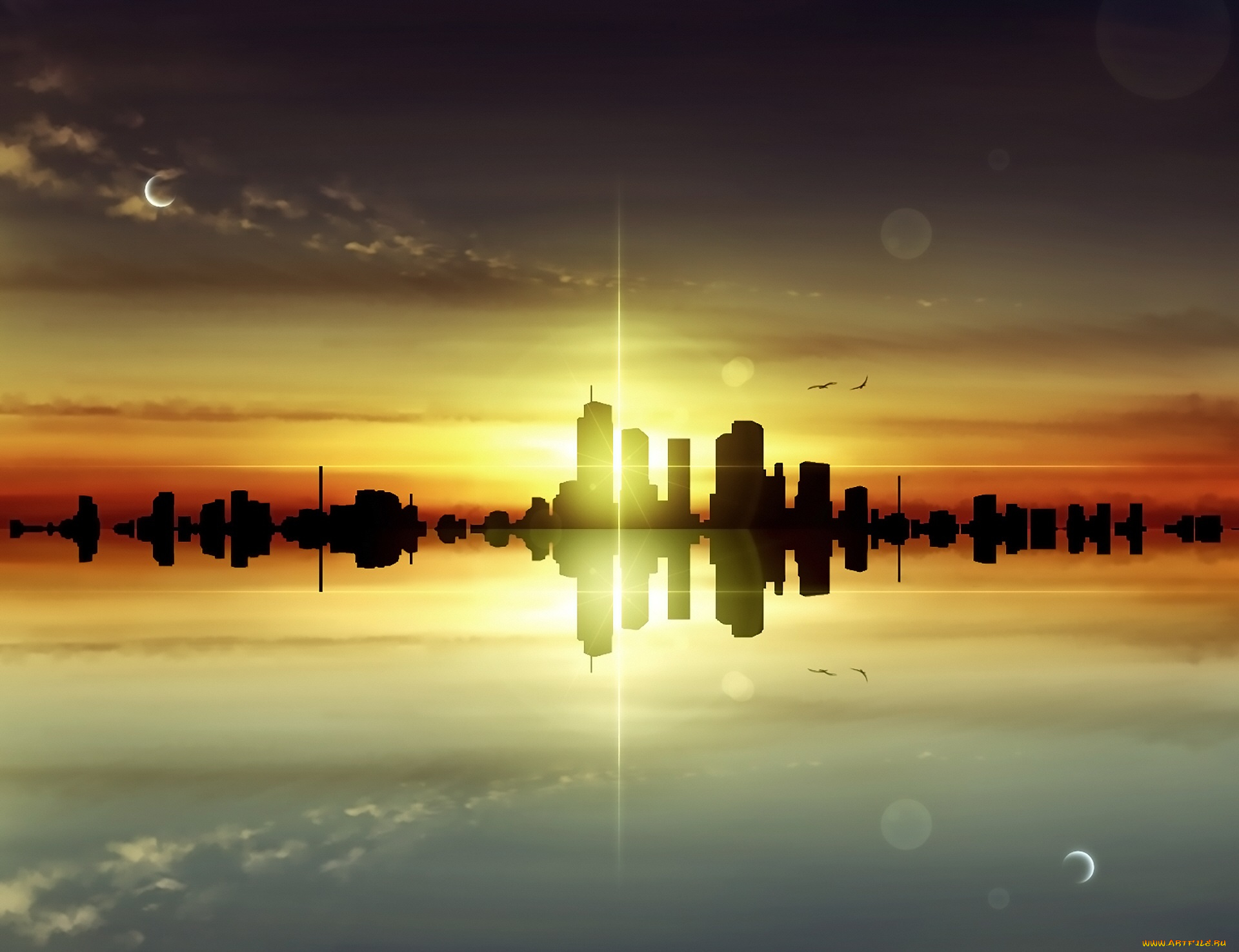 рисованное, города, закат, город