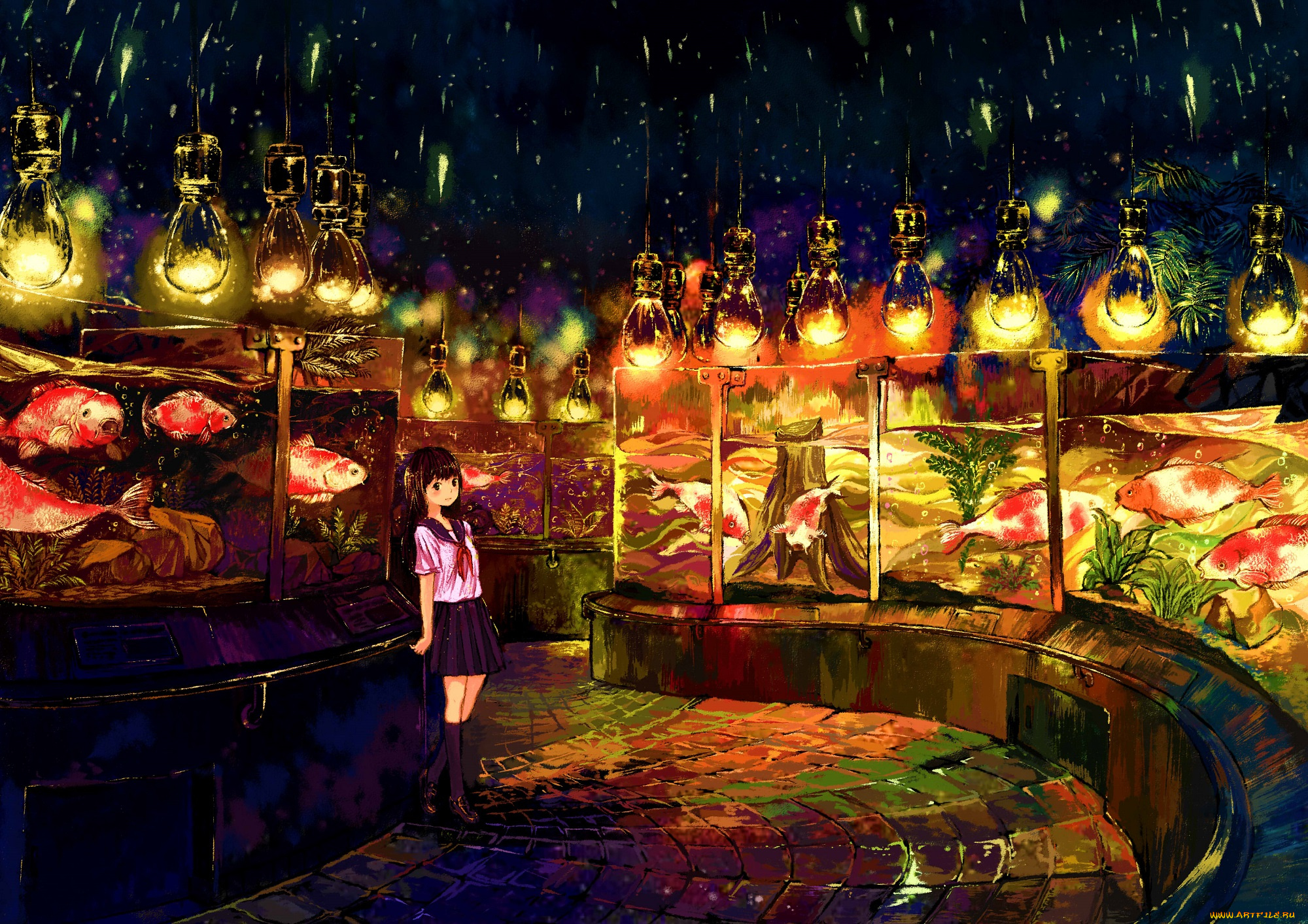 аниме, город, , улицы, , интерьер, , здания, фонари