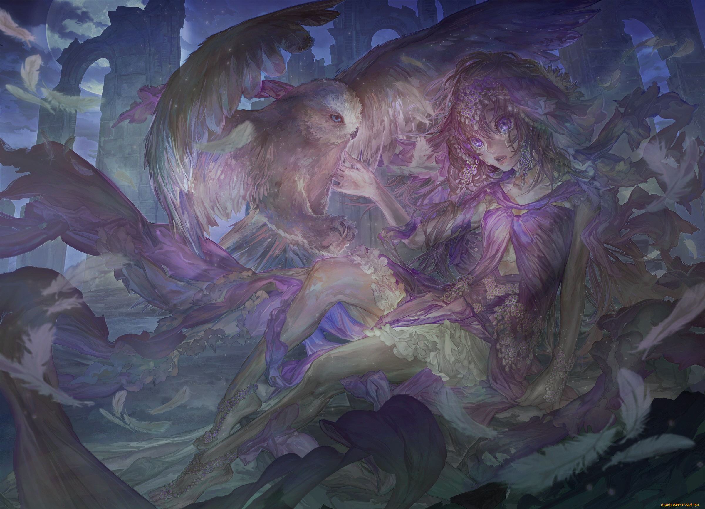 аниме, животные, , существа, сова, девушка