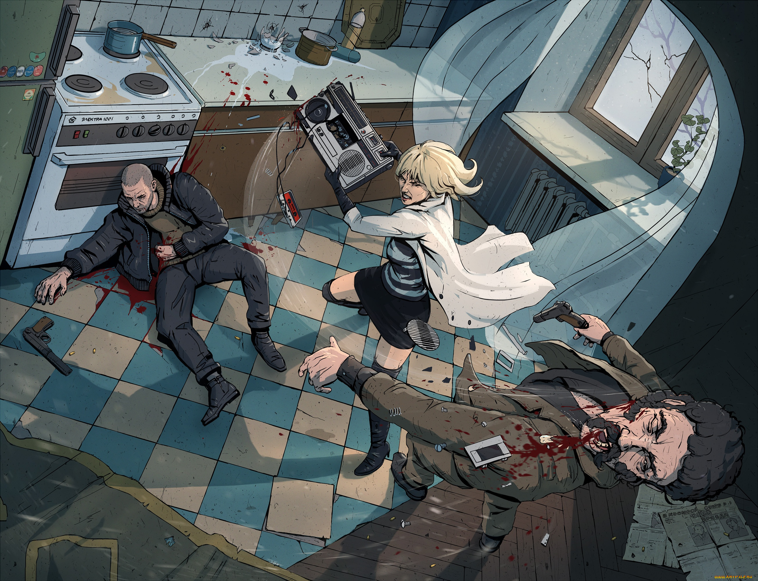 рисованное, кино, lorraine, broughton, блондинка, art, девушка, charlize, theron, atomic, blonde, магнитофон, бой, драка