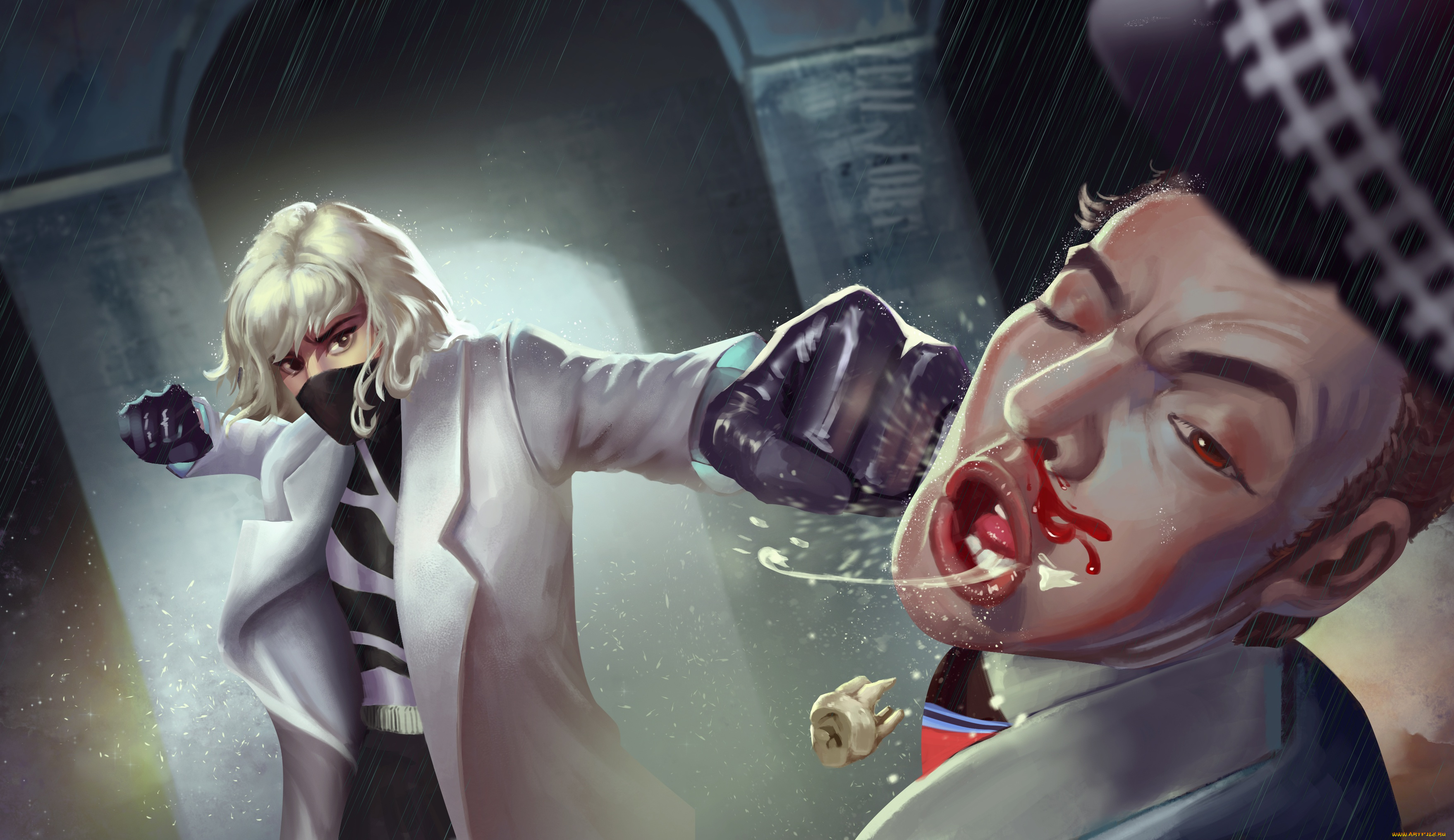 рисованное, кино, удар, atomic, blonde, маска, charlize, theron, кровь, девушка, lorraine, broughton, art, пальто, мужчина