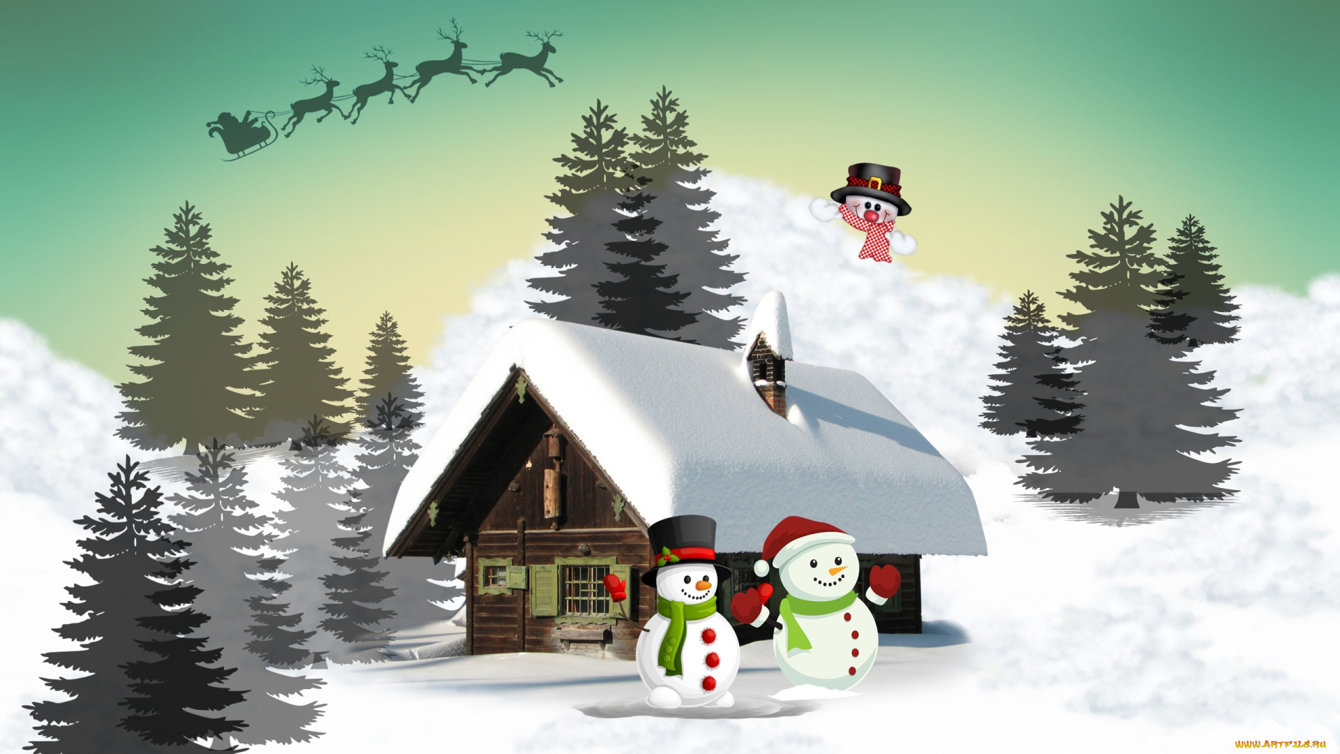 праздничные, векторная, графика, , новый, год, ели, олени, дом, снег, снеговики
